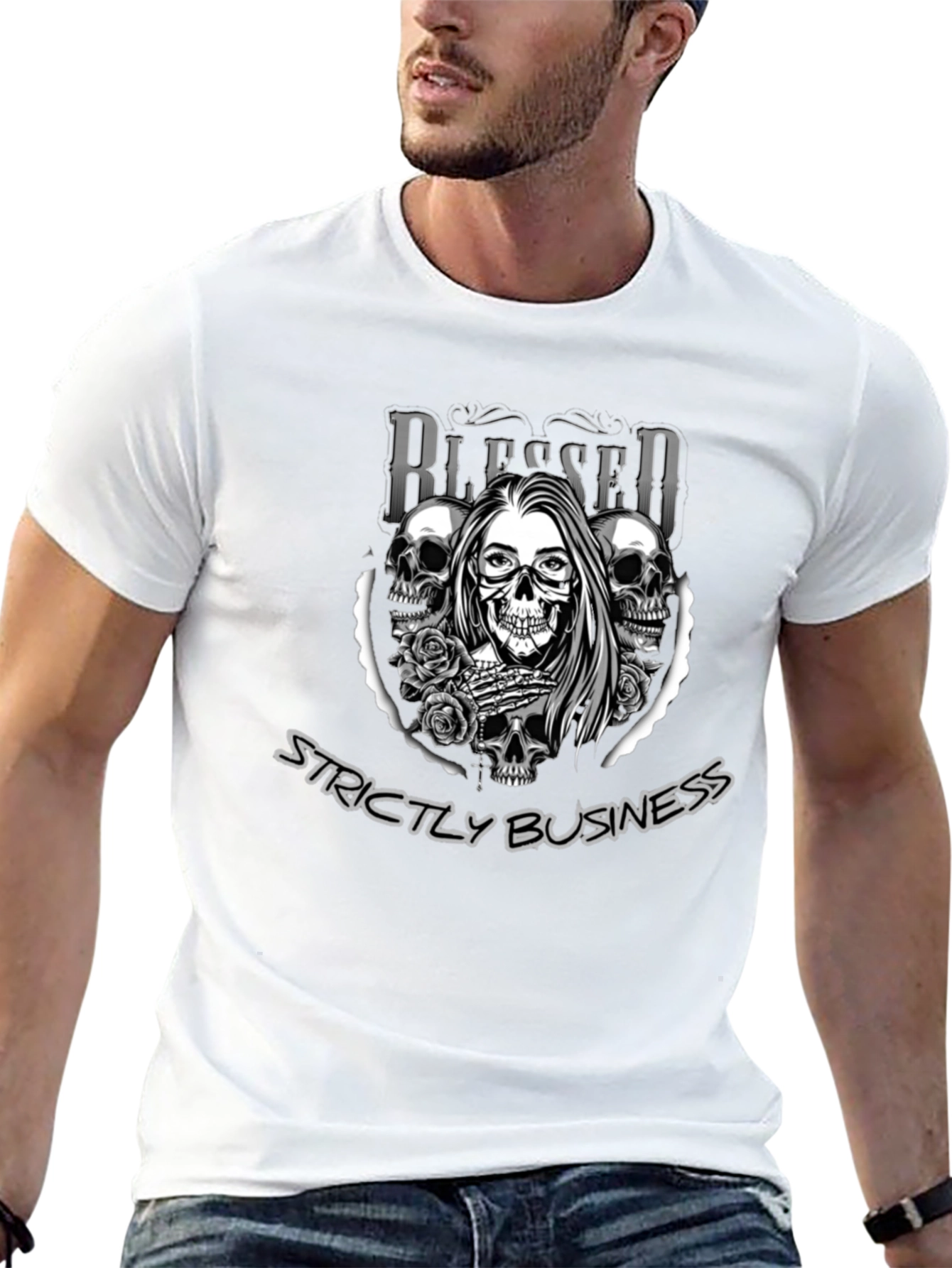 Blessed Strictly Business Skull Graphic T-Shirt