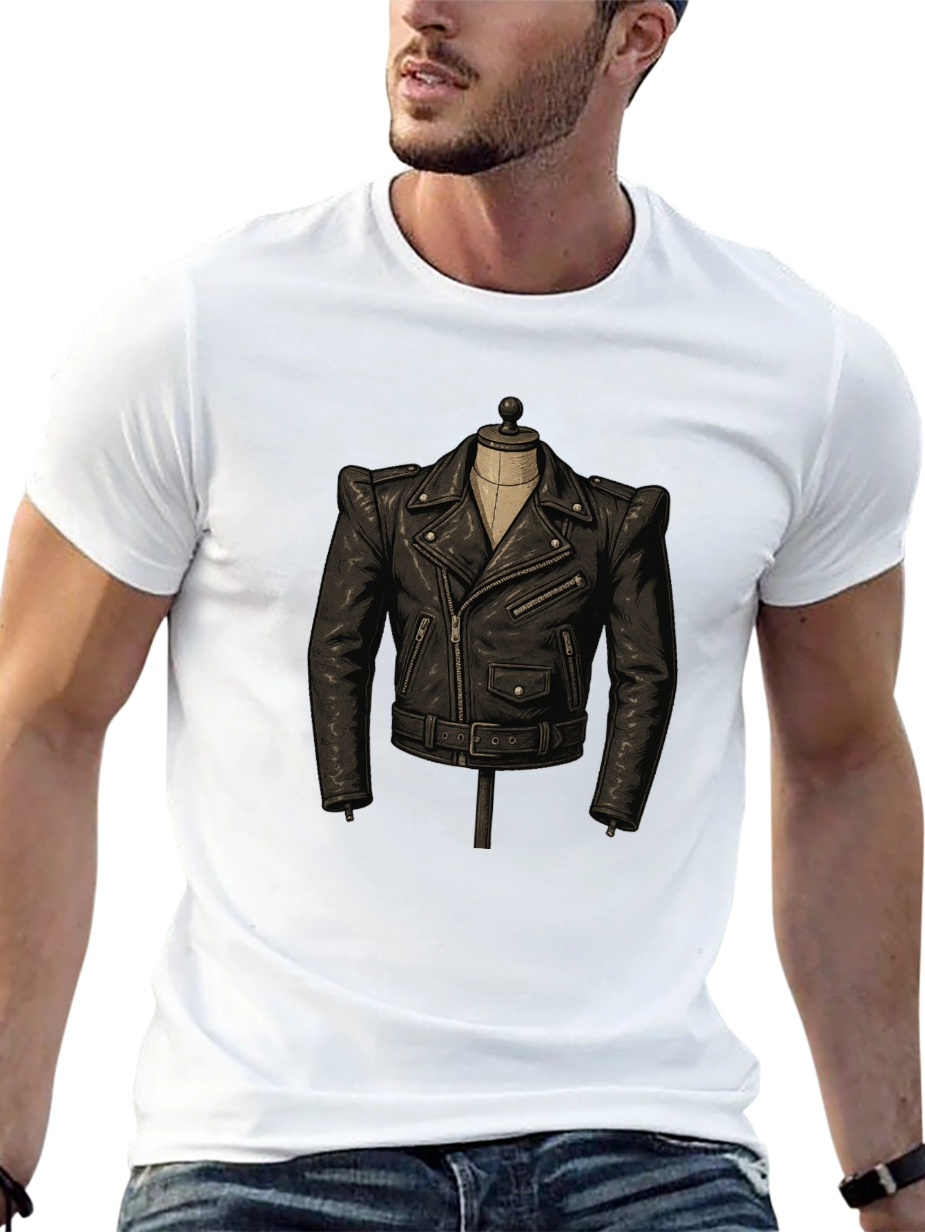 Black T-Shirt with Leather Jacket Design
