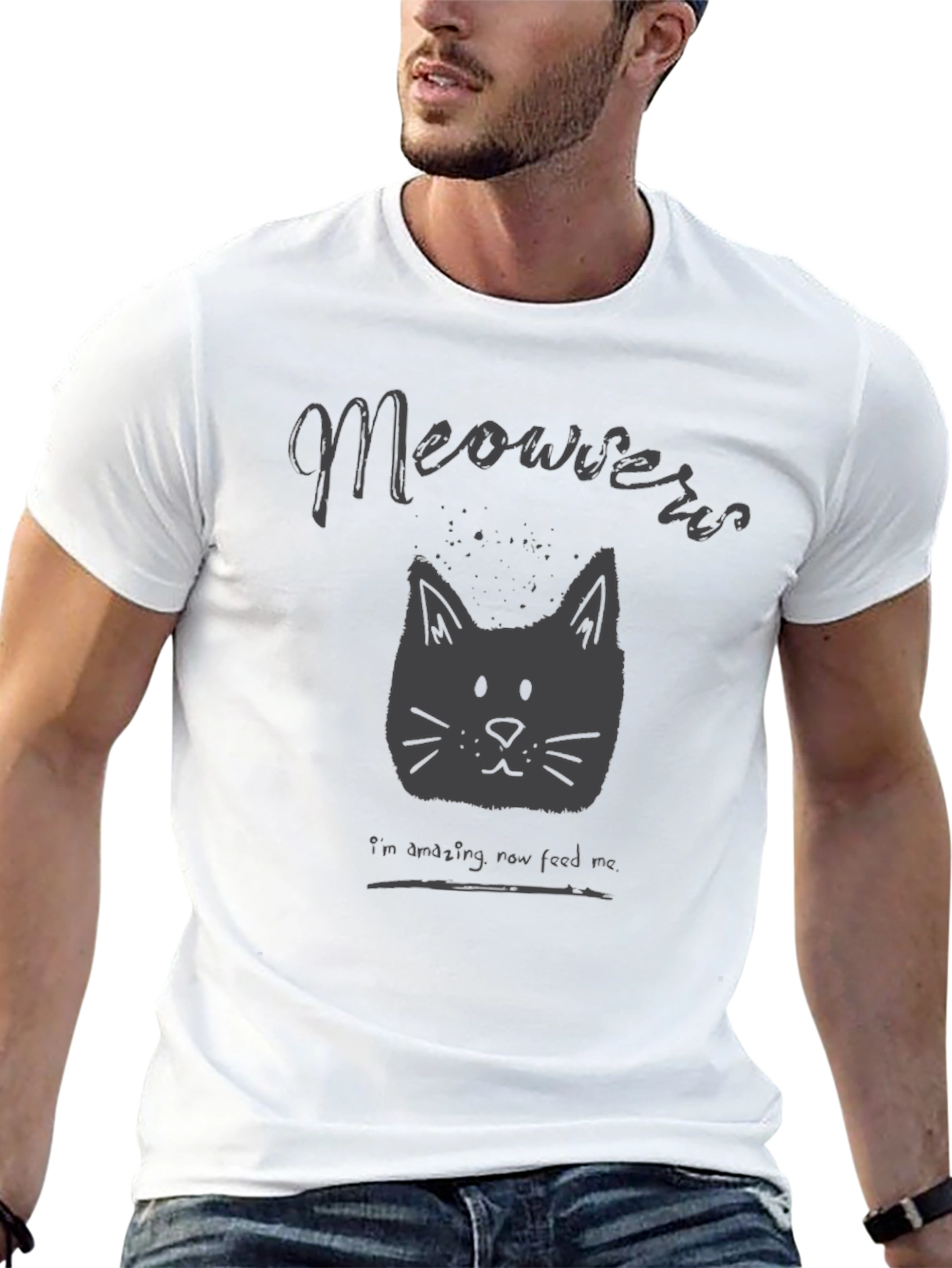 Meowers Cat Graphic Tee - Black Crew Neck T-Shirt