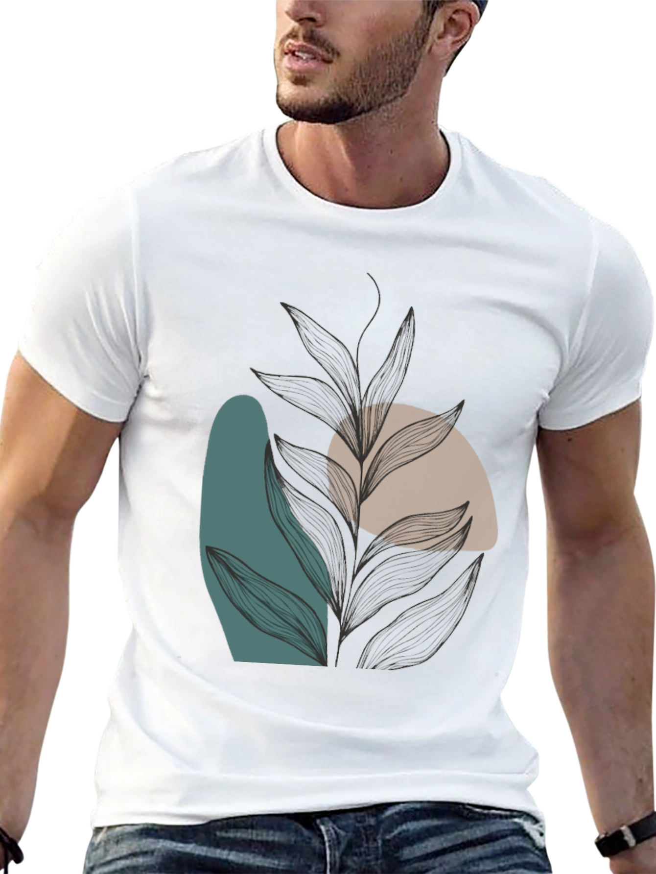 Modern Abstract Leaf Print Black T-Shirt