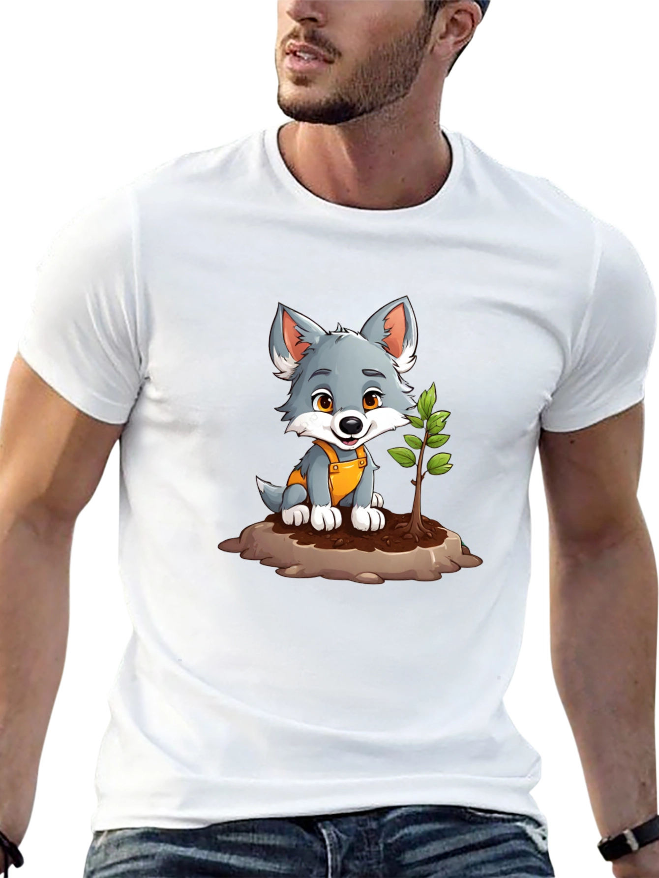 Cute Wolf Pup Planting Tree Graphic Tee