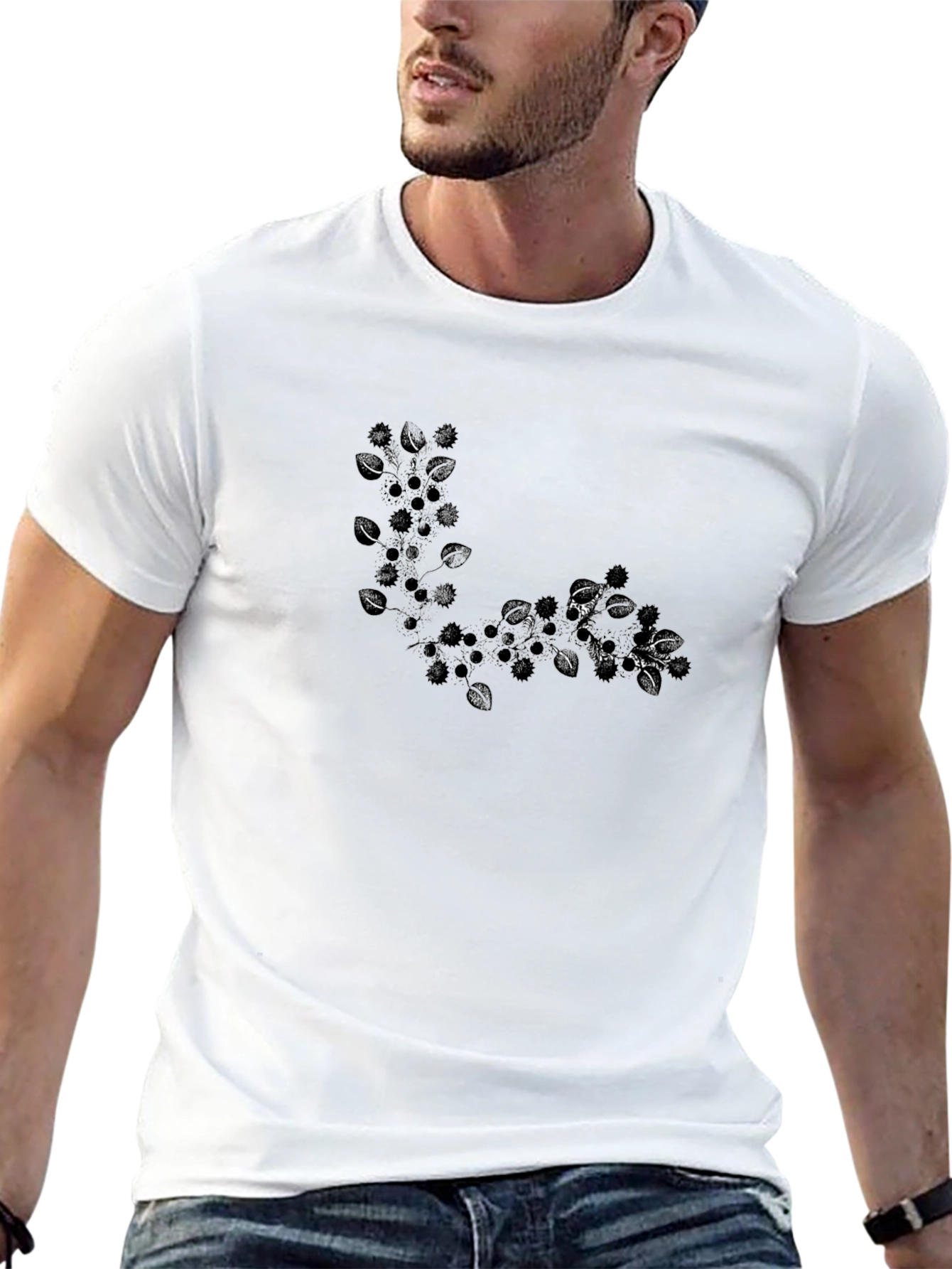 Black T-Shirt with Leafy Design