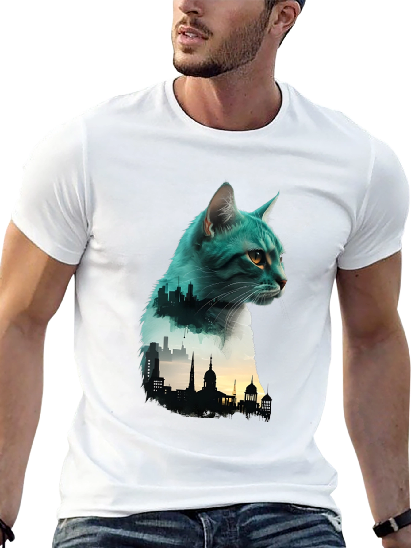 Cat Silhouette Cityscape Graphic Tee - Unique Design