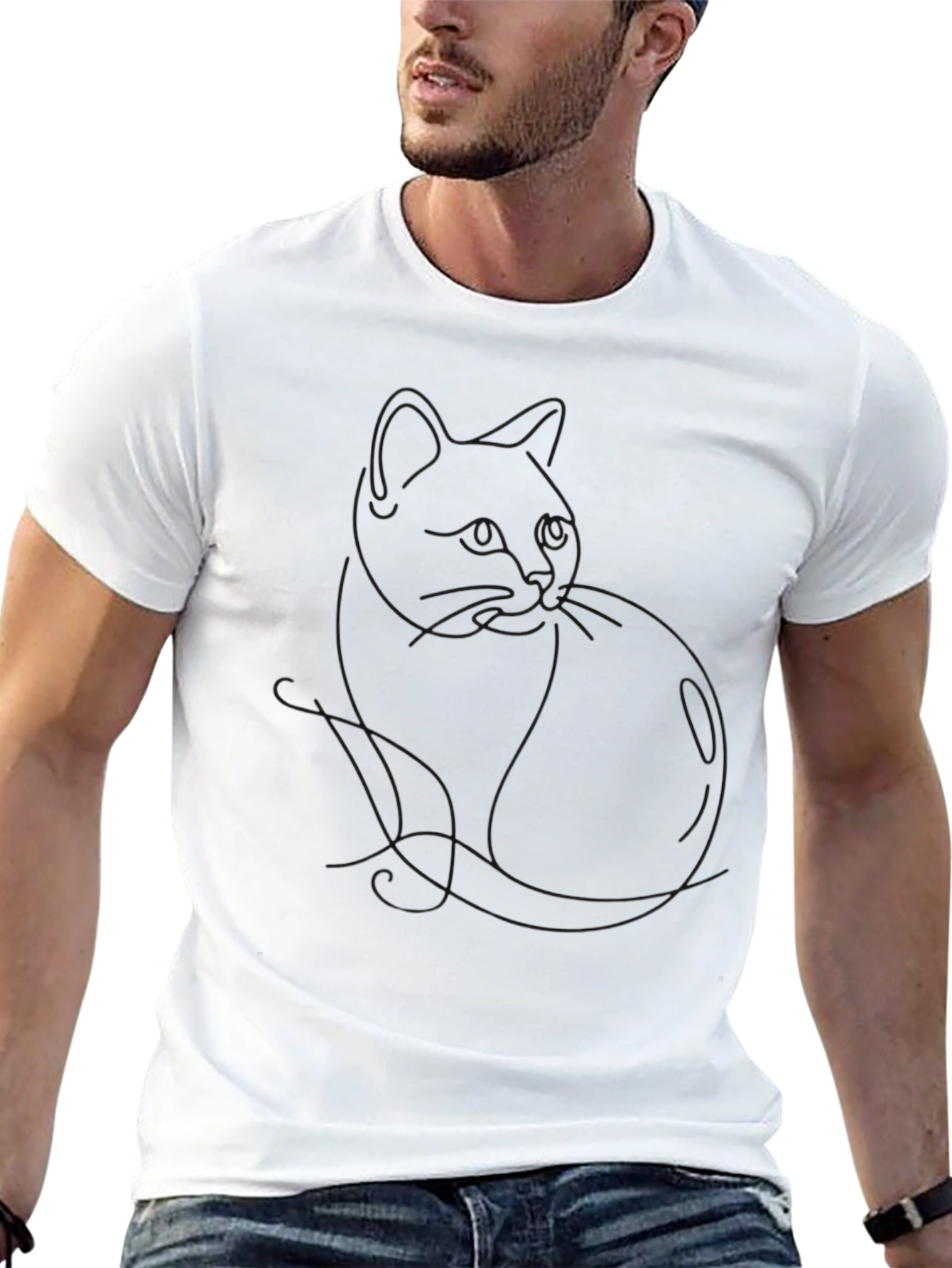 Minimalist Cat Outline Black T-Shirt