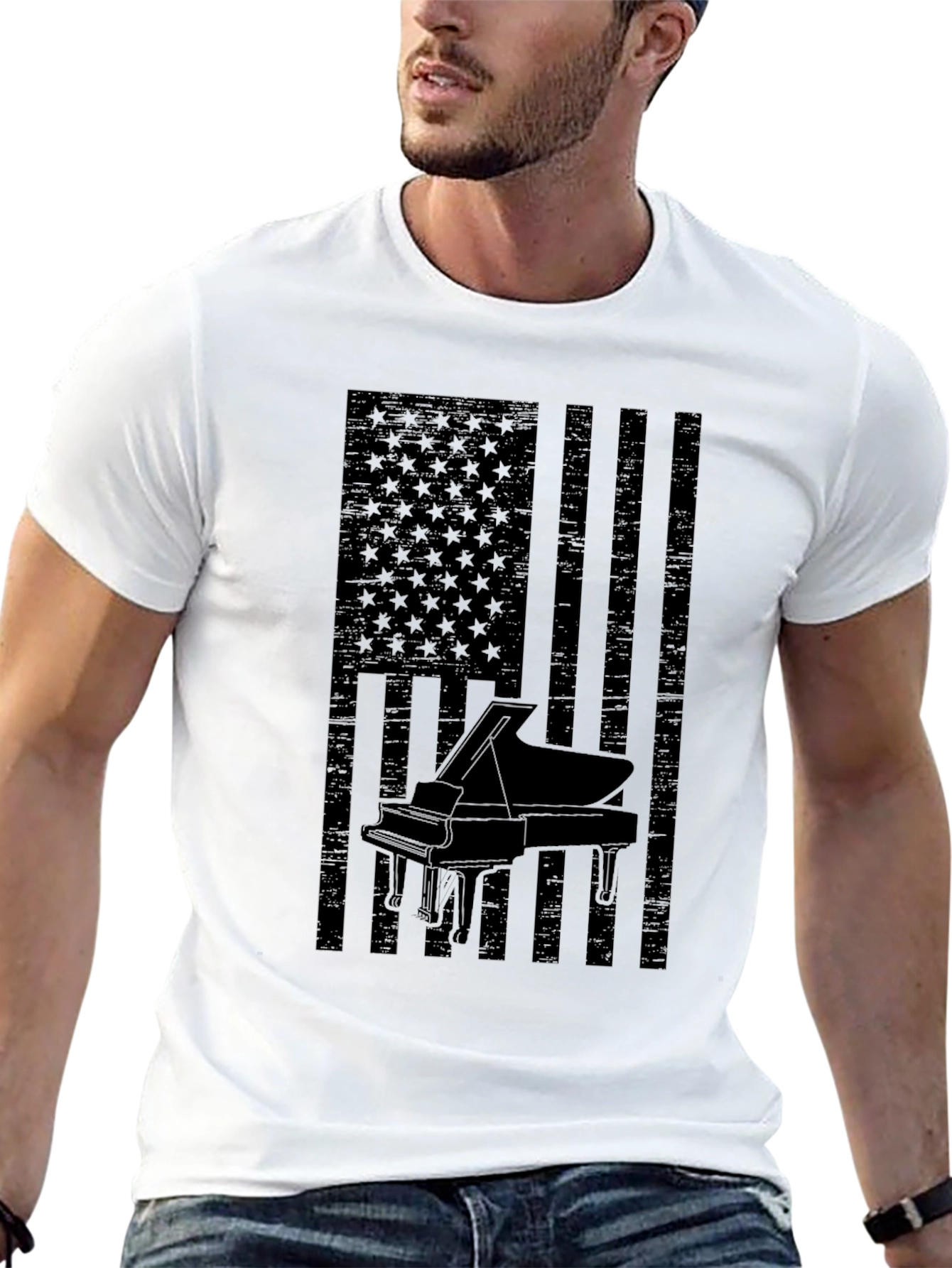 Piano American Flag Mens Black Graphic Tee