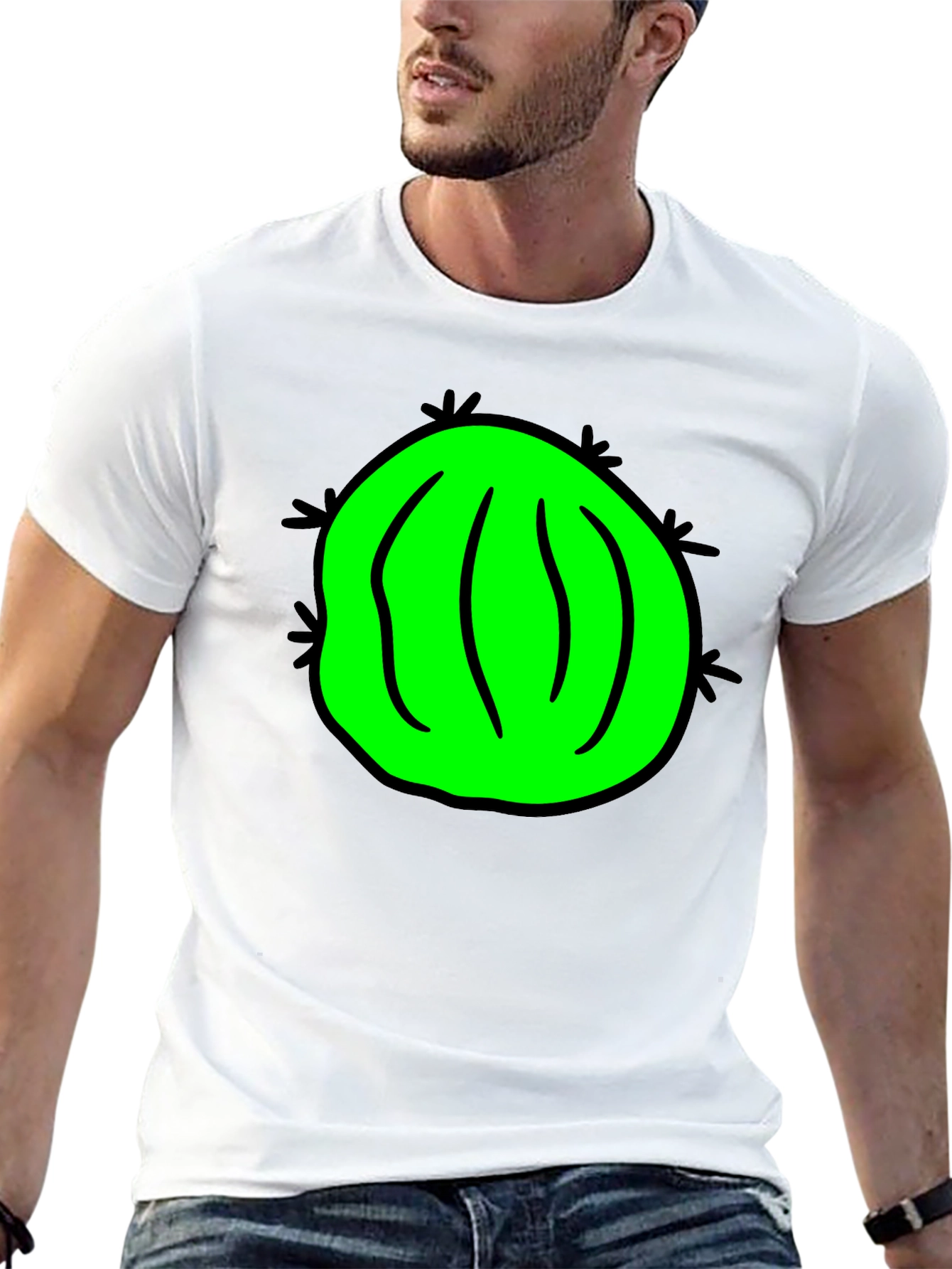Novelty Green Cactus Graphic Black T-Shirt