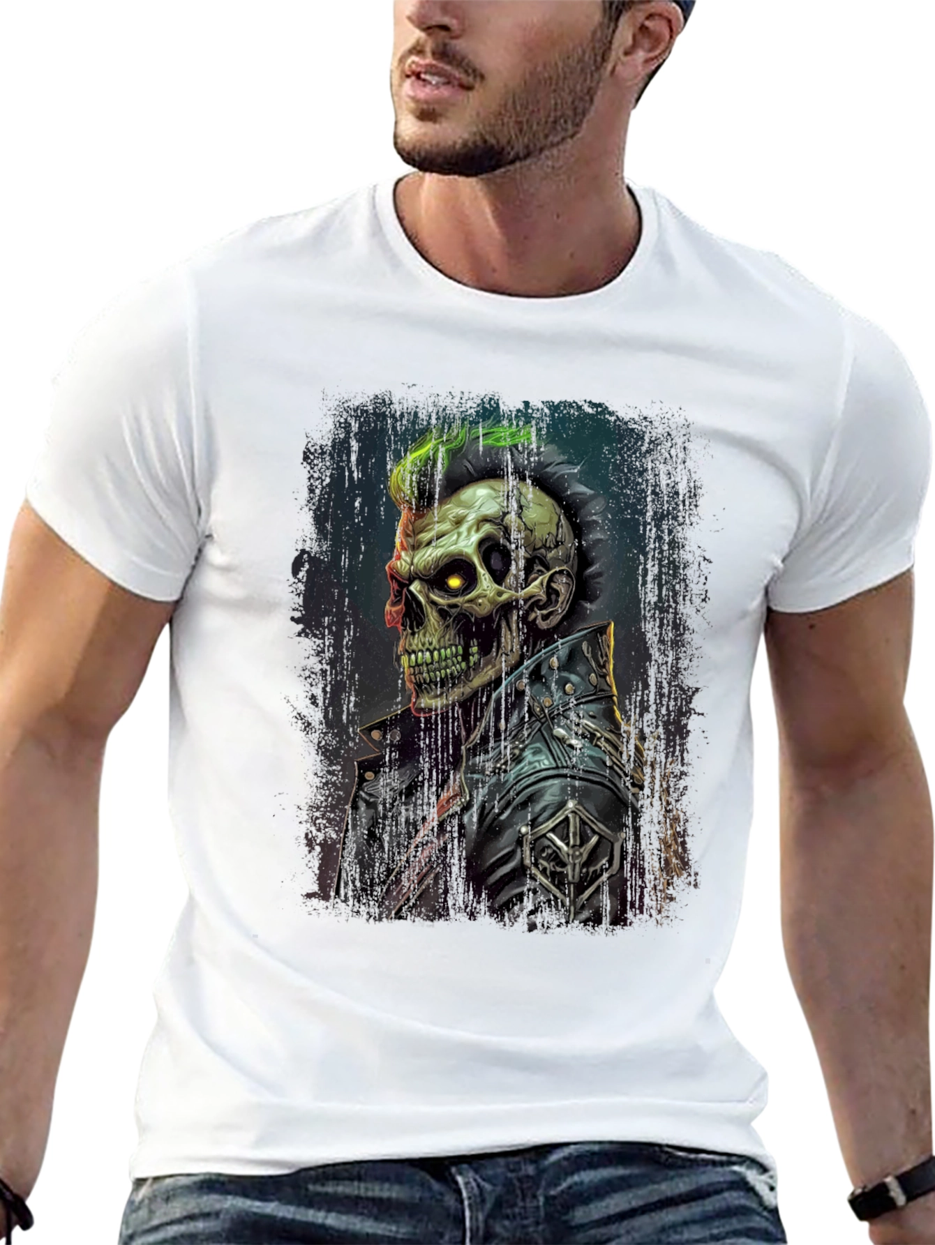 Punk Skull Graphic Tee - Leather Jacket Skeleton Shirt