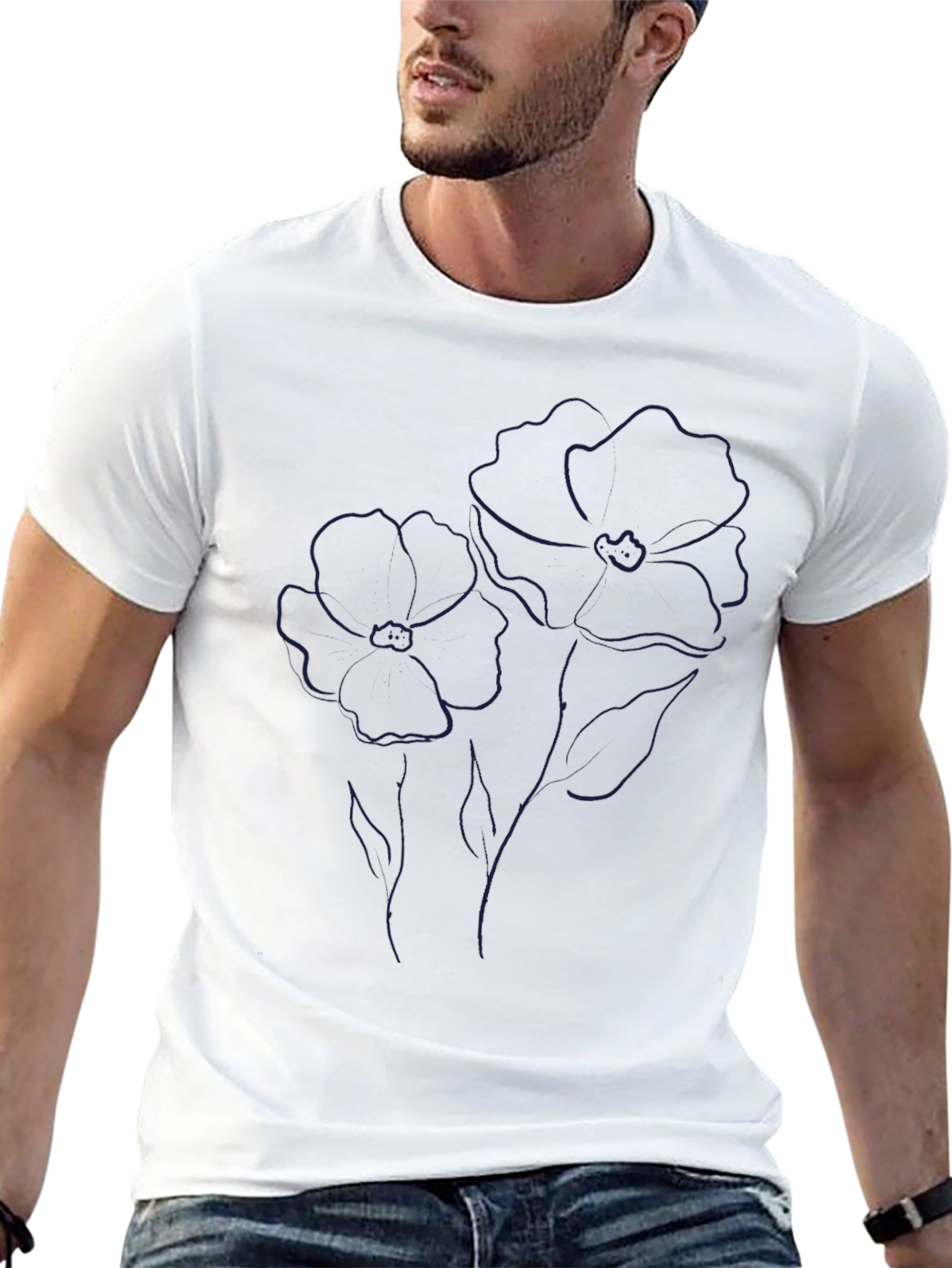 Minimalist Flower Line Art Black T-Shirt
