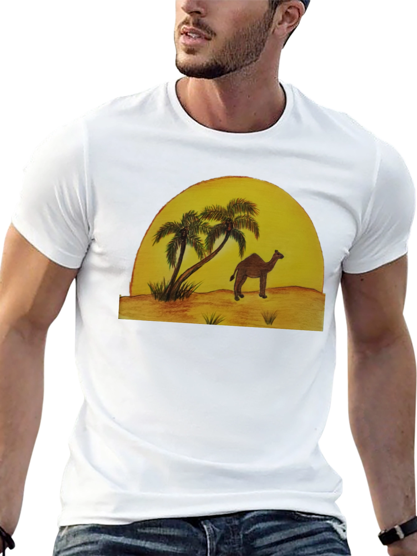 Desert Scene Graphic Tee - Camel & Palm Trees