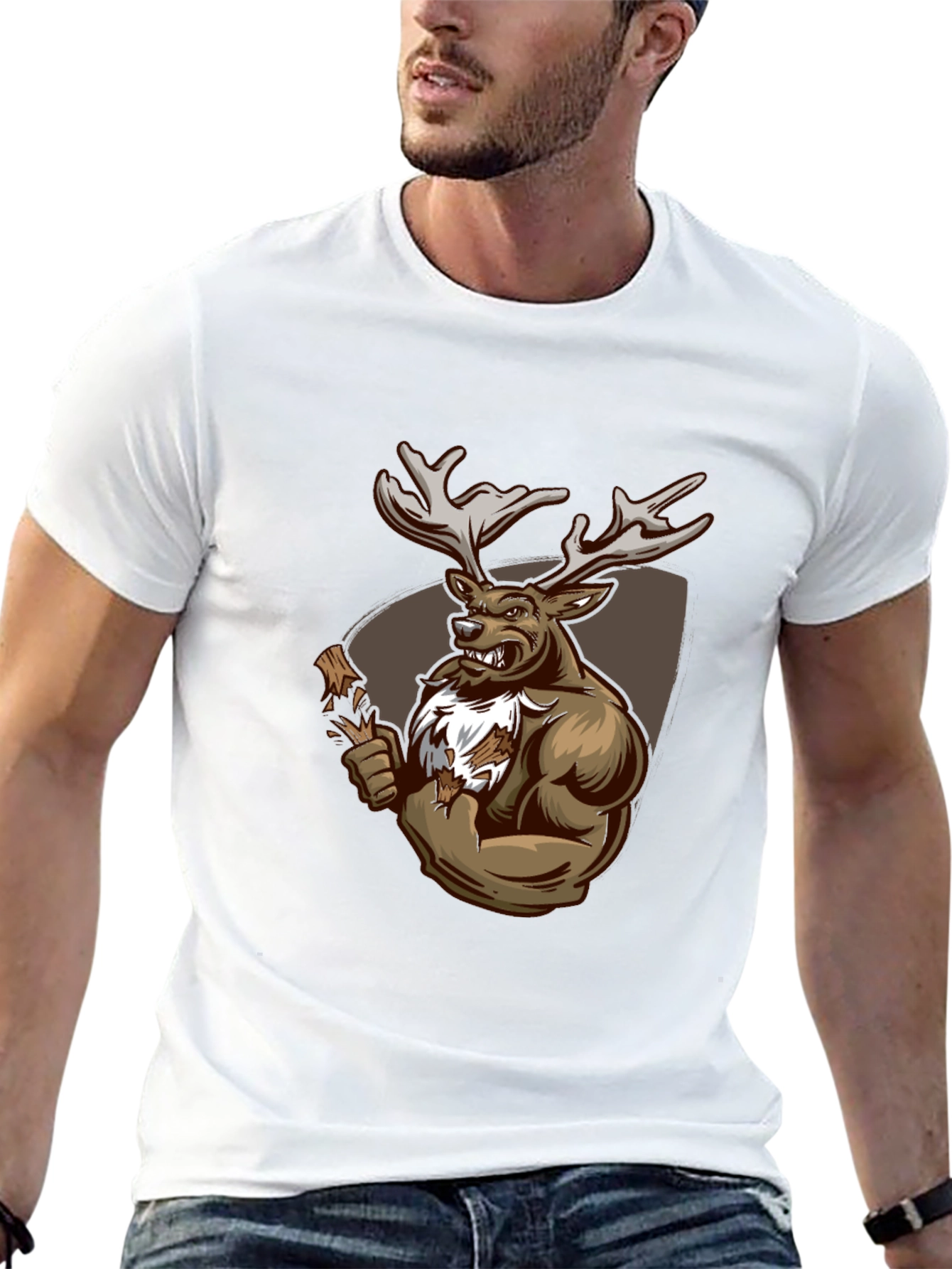 Black Graphic Tee: Muscular Deer