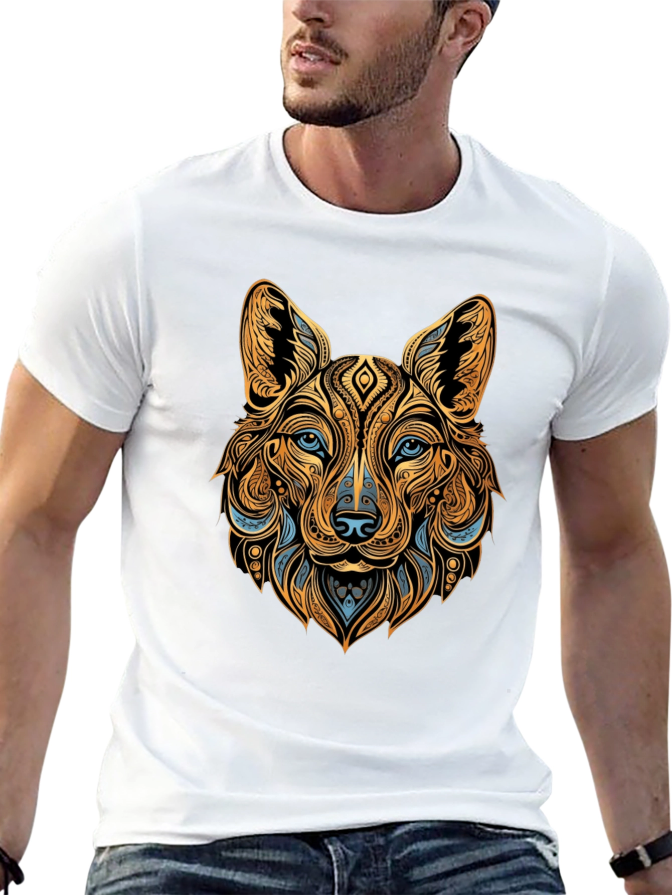Tribal Wolf Graphic Black Tee - Unique Animal Print