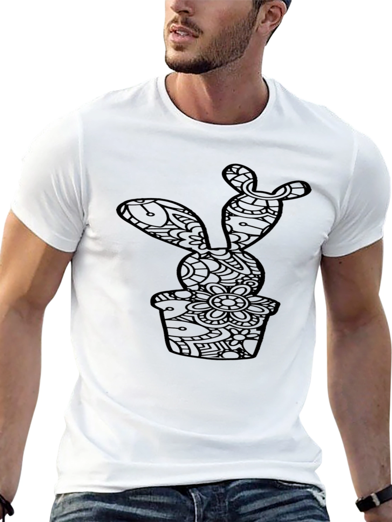 Black Cactus Print Crew Neck T-Shirt