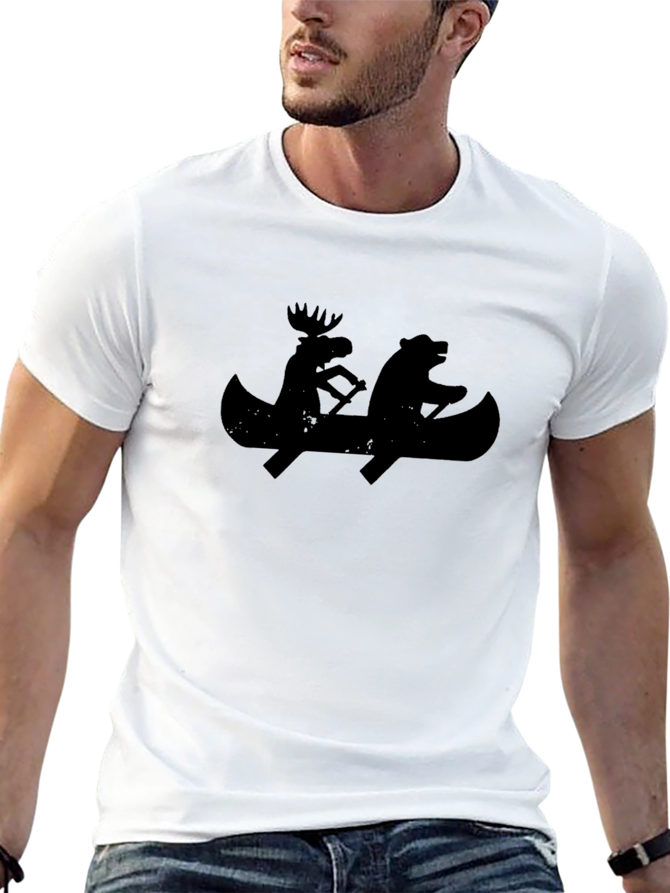 Black T-Shirt with Moose and Bear Canoeing Design