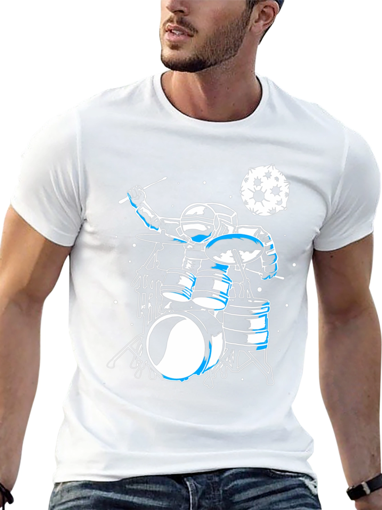 Astronaut Drummer Graphic Tee - Space Music Shirt