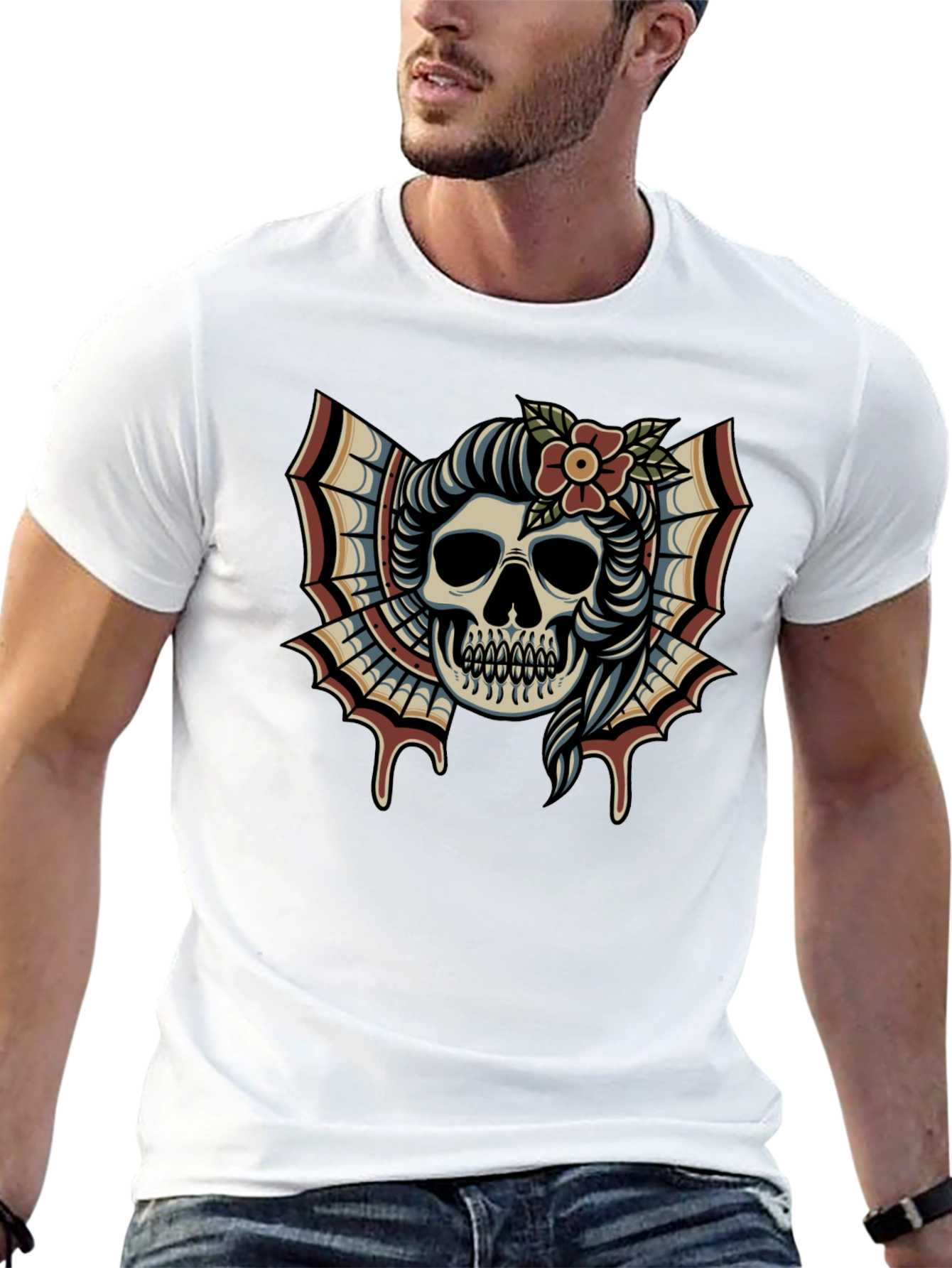 Skull & Flower Tattoo T-Shirt - Graphic Print Tee