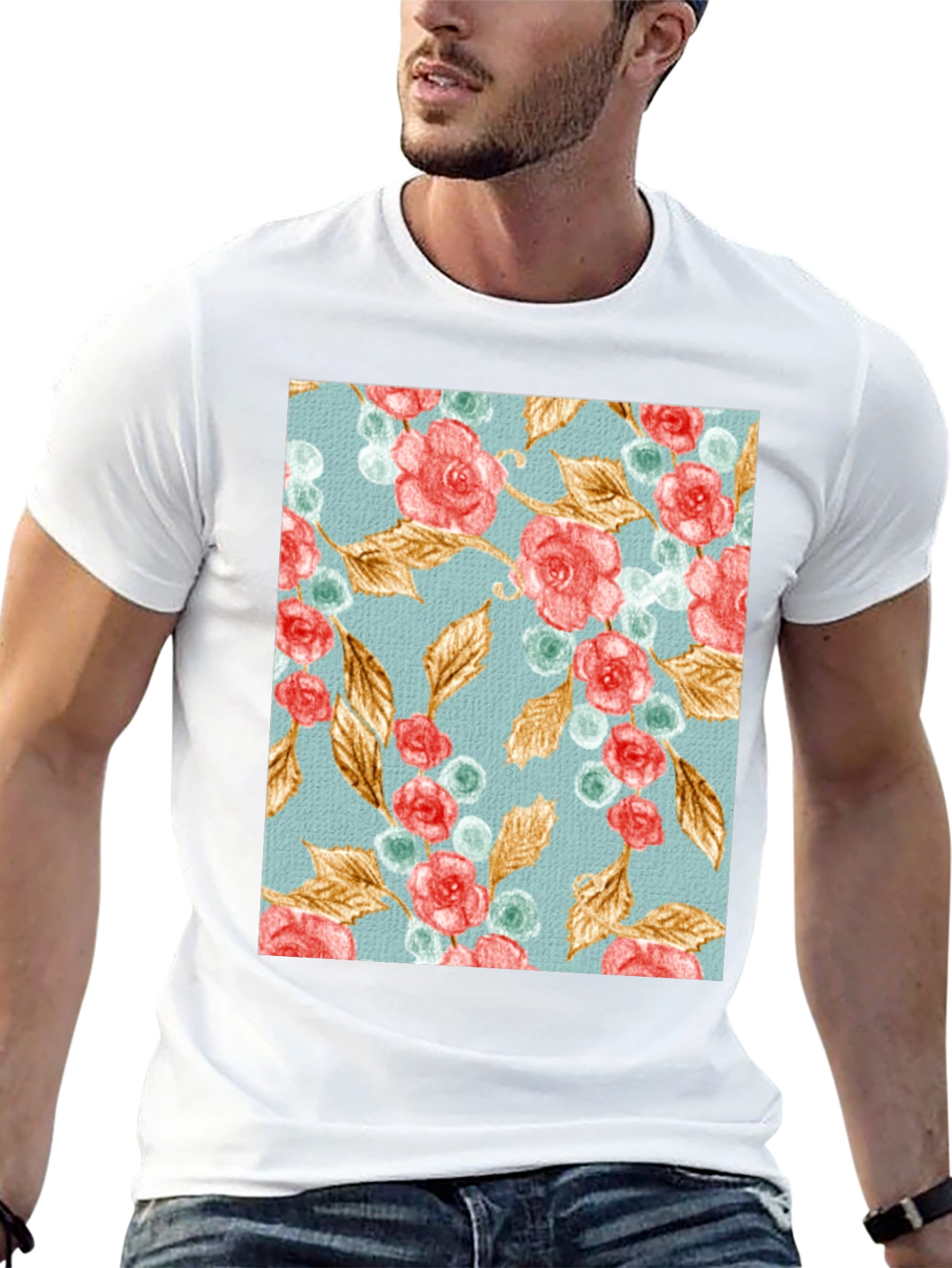 Floral Roses & Leaves Print Black T-Shirt