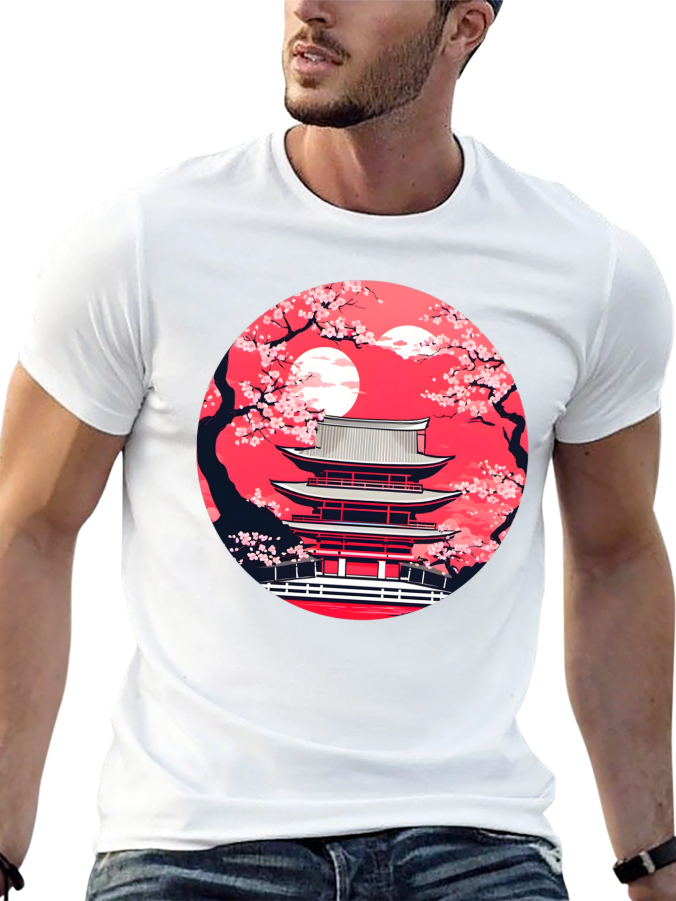 Japanese Temple Sakura Black T-Shirt
