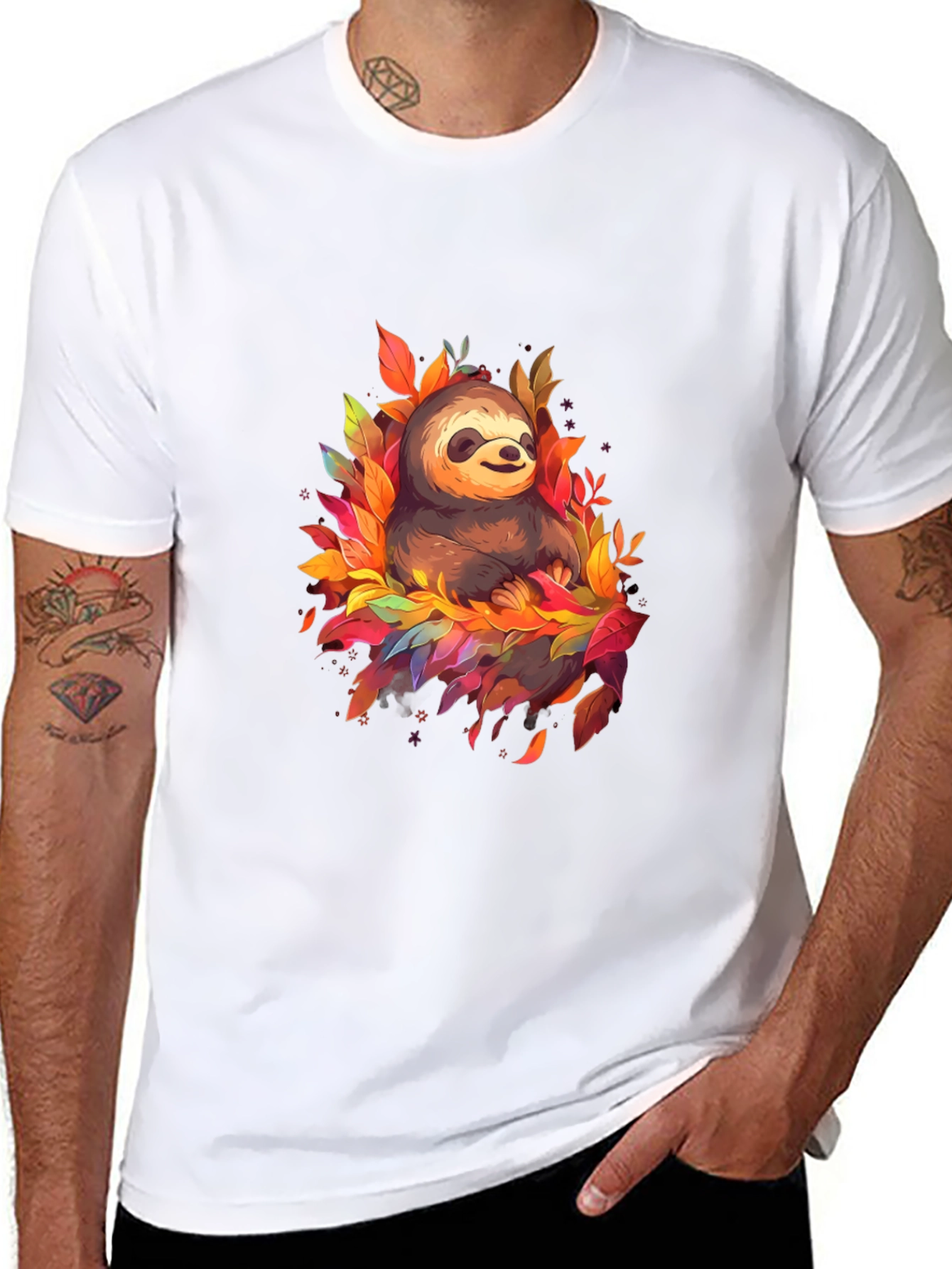 Cute Sloth Fall Leaves Black T-Shirt