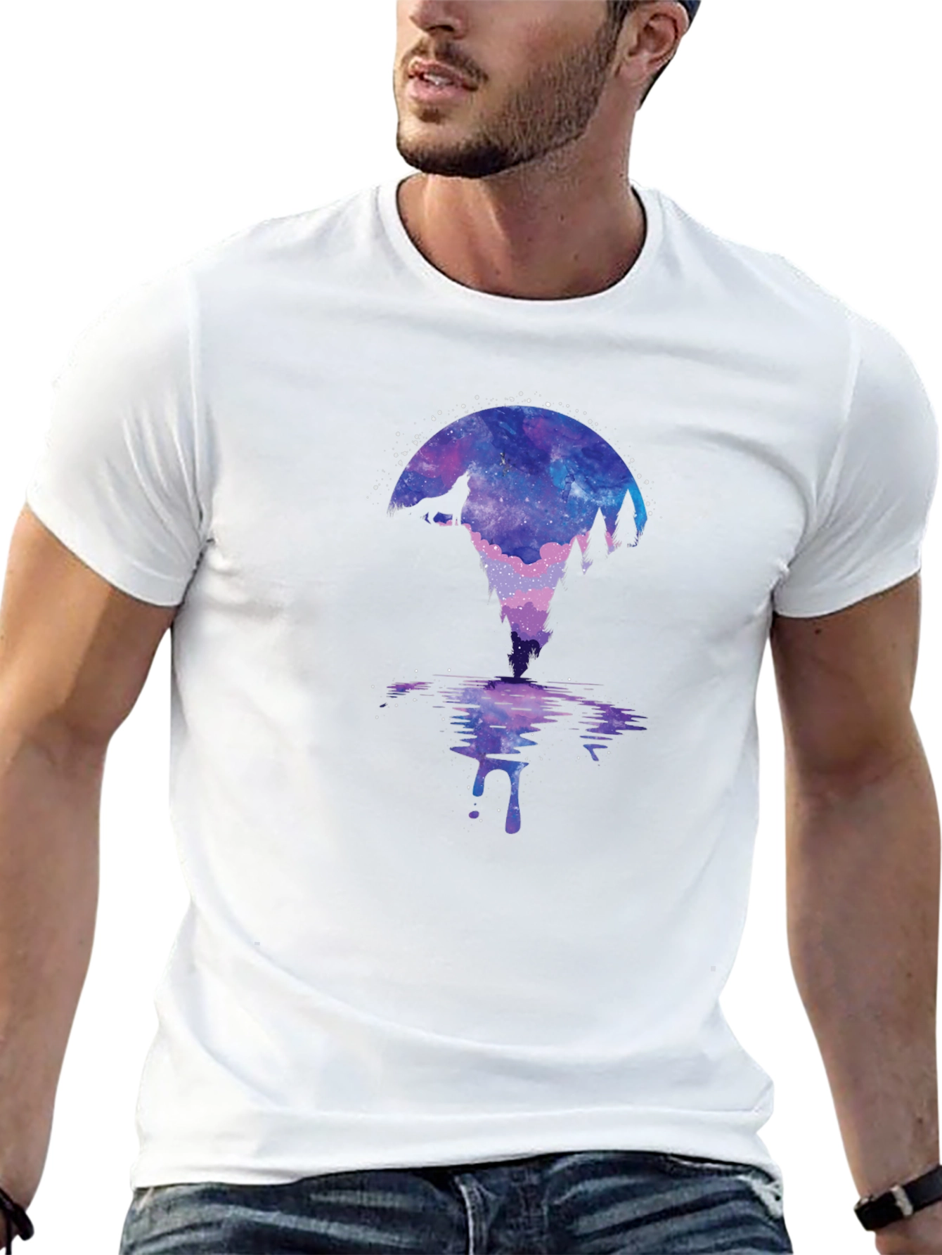 Galaxy Wolf Silhouette Graphic Tee - Mens Black T-Shirt