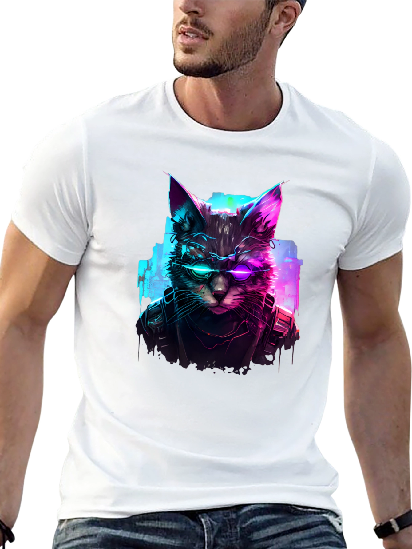 Cyberpunk Cat T-Shirt - Futuristic Feline Design