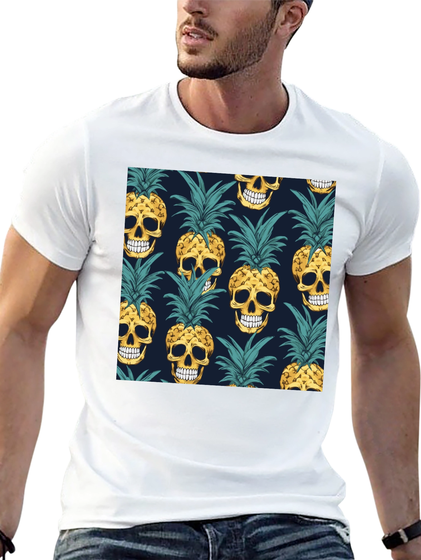 Skull Pineapple Print Black T-Shirt