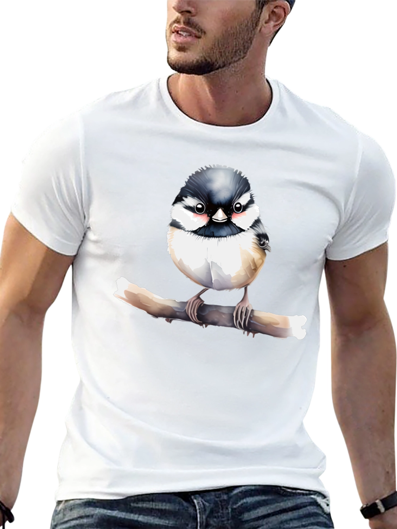 Cute Bird on Branch Graphic Black T-Shirt