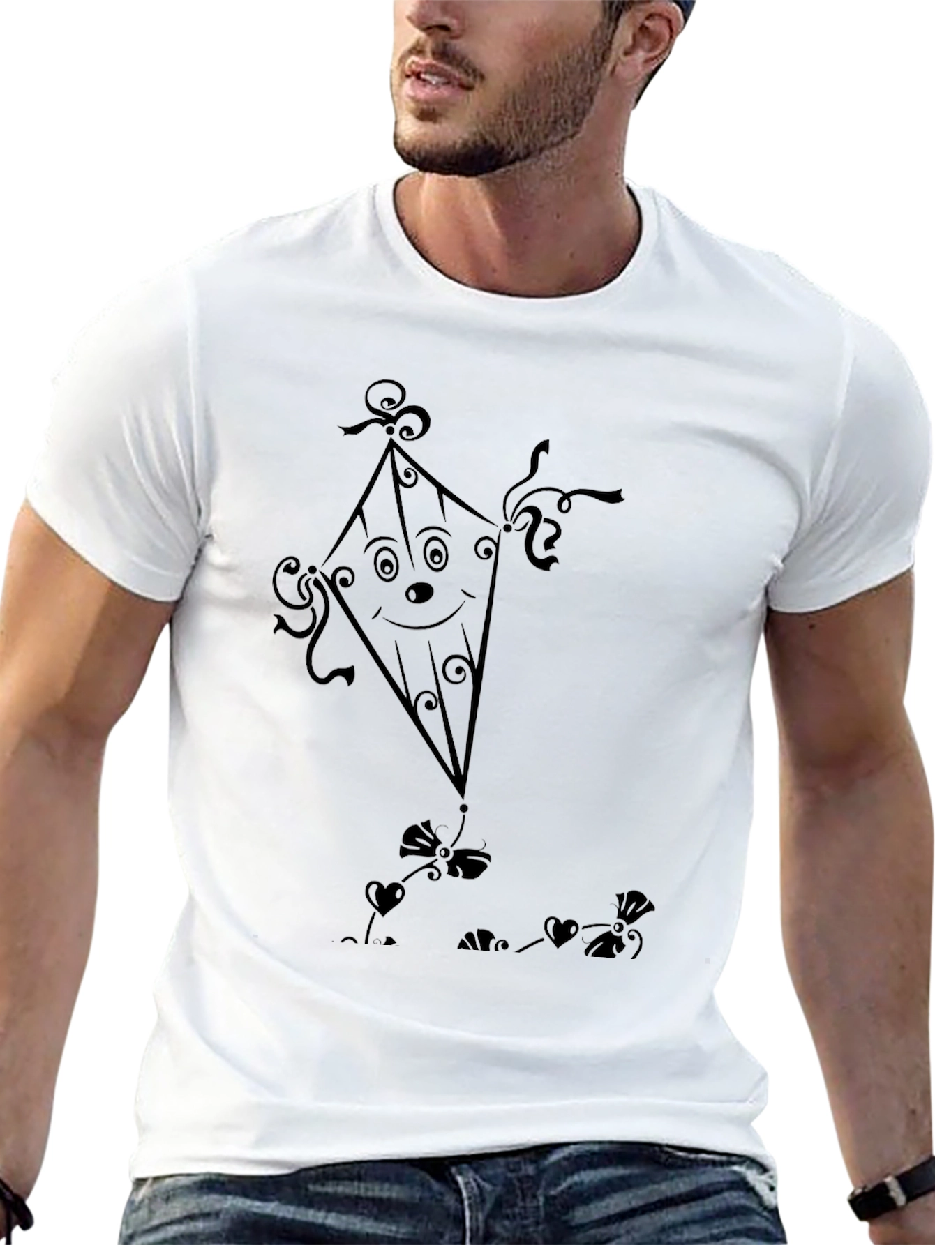 Whimsical Kite Graphic Tee - Black Cotton Casual Shirt