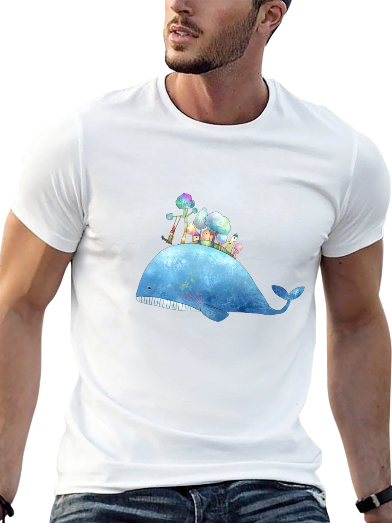 Whimsical Whale Island Graphic Tee - Black