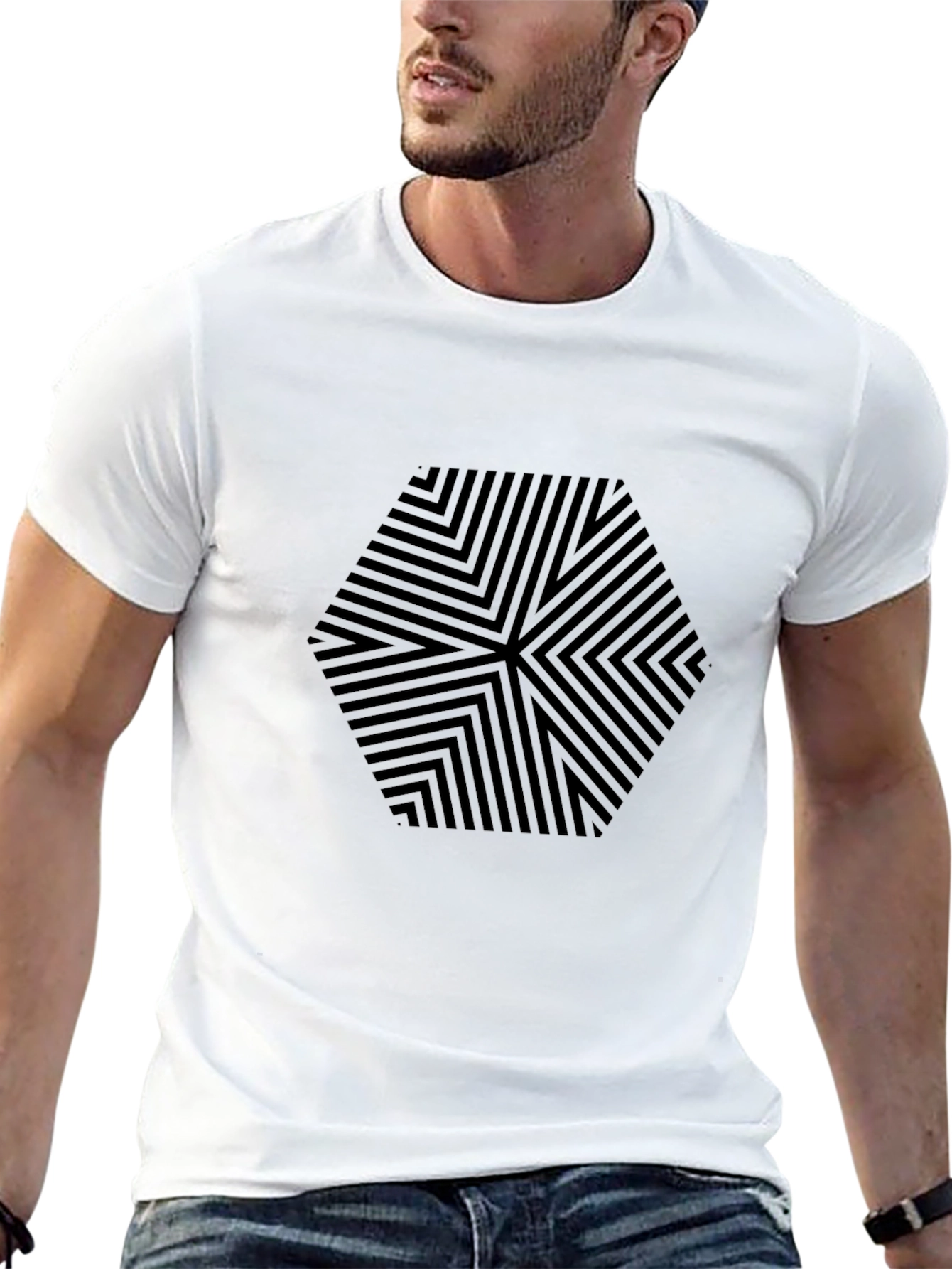 Mens Black Hexagon Pattern Graphic Tee