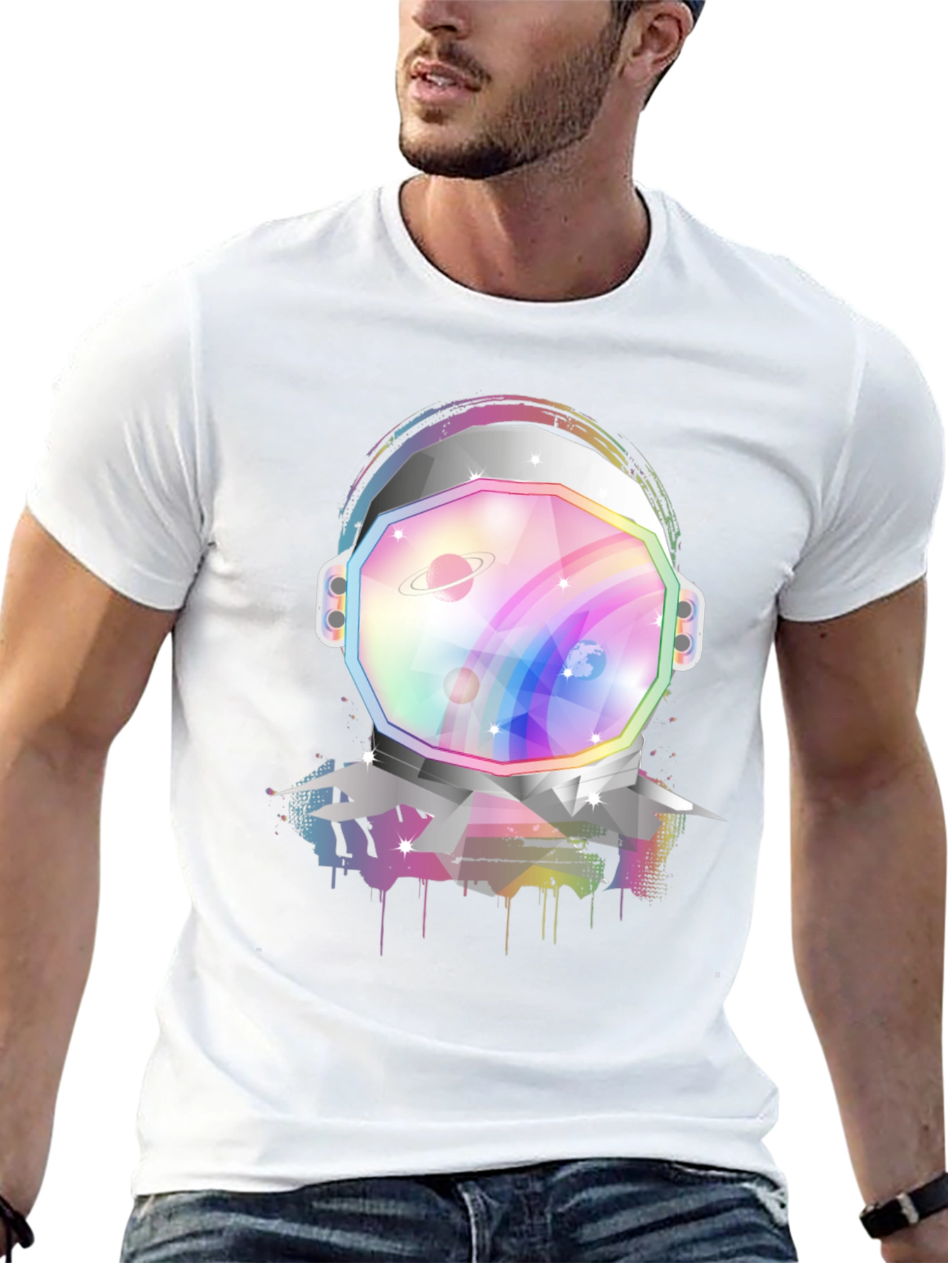 Astronaut Helmet Graphic Tee - Rainbow Space Design