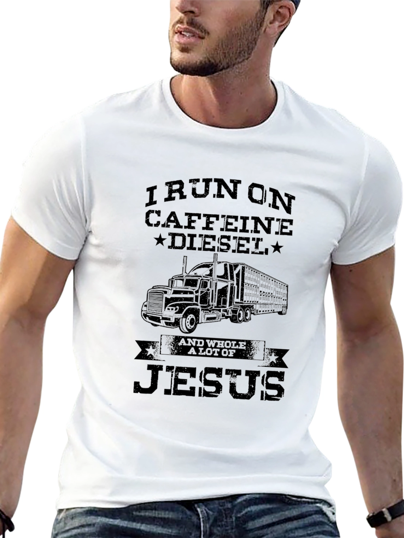 I Run On Caffeine Diesel and Jesus Black T-Shirt
