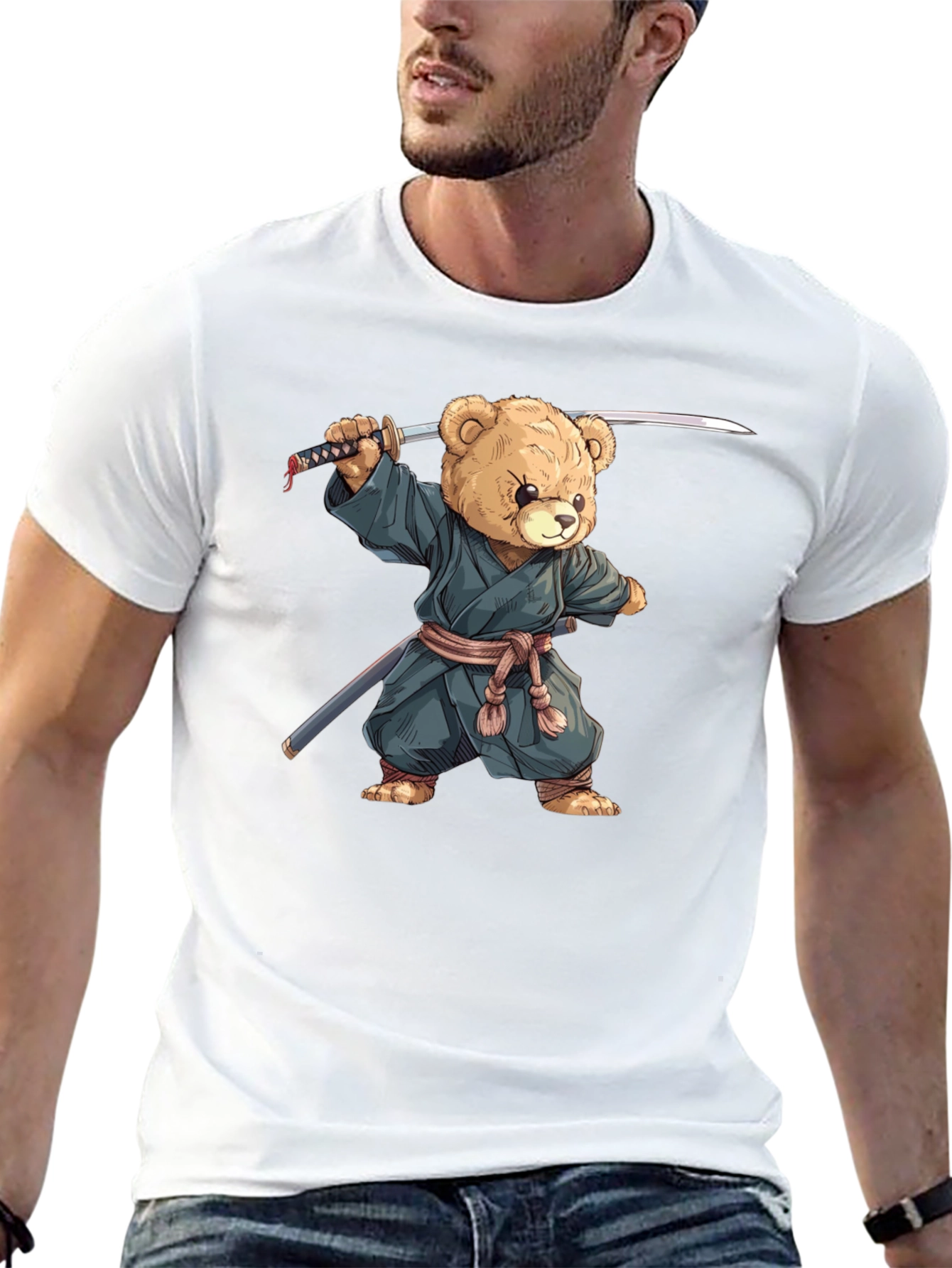 Samurai Teddy Bear Graphic Tee - Black Cotton T-Shirt