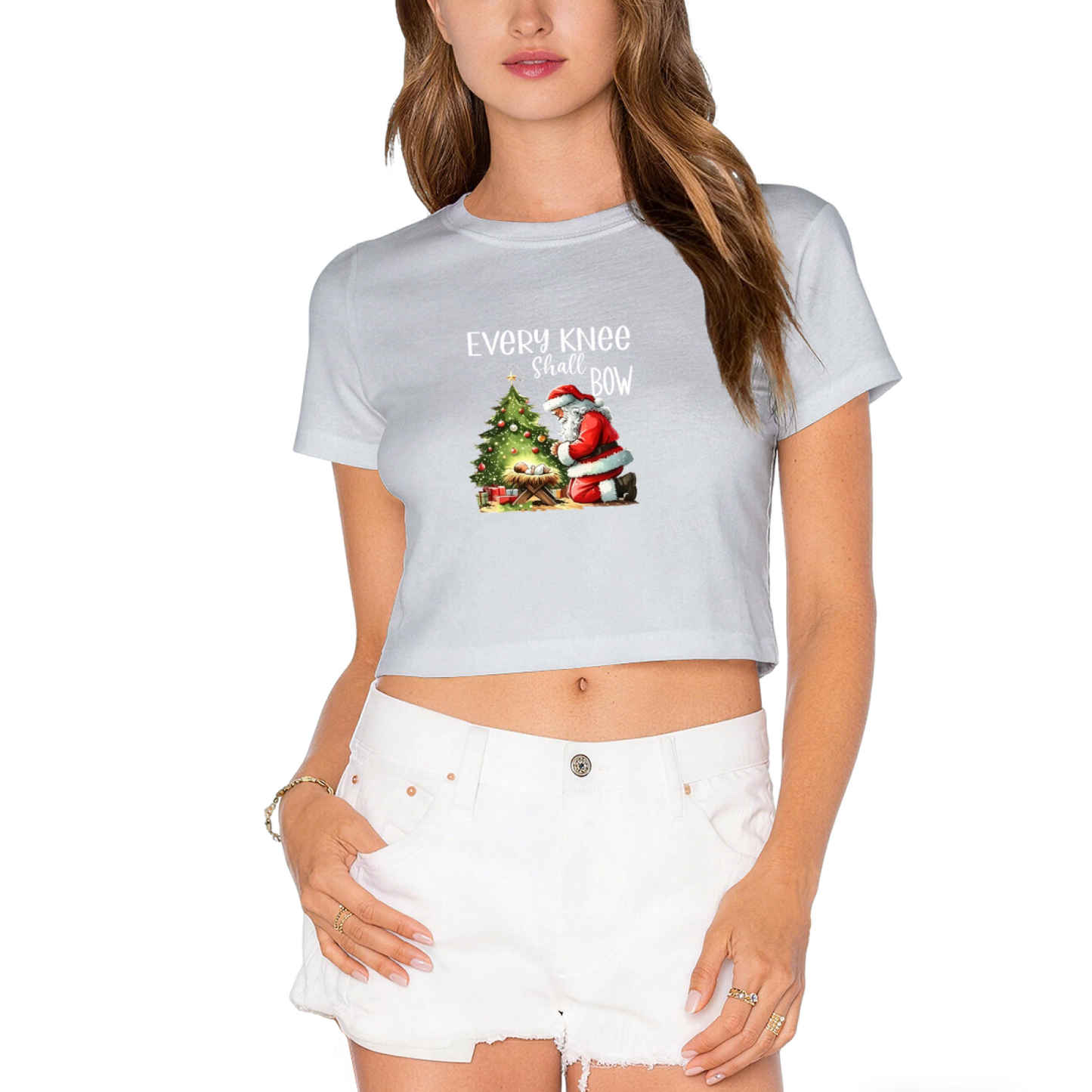 Every Knee Shall Bow Santa Kneeling At Manger Festive Women Crop Top