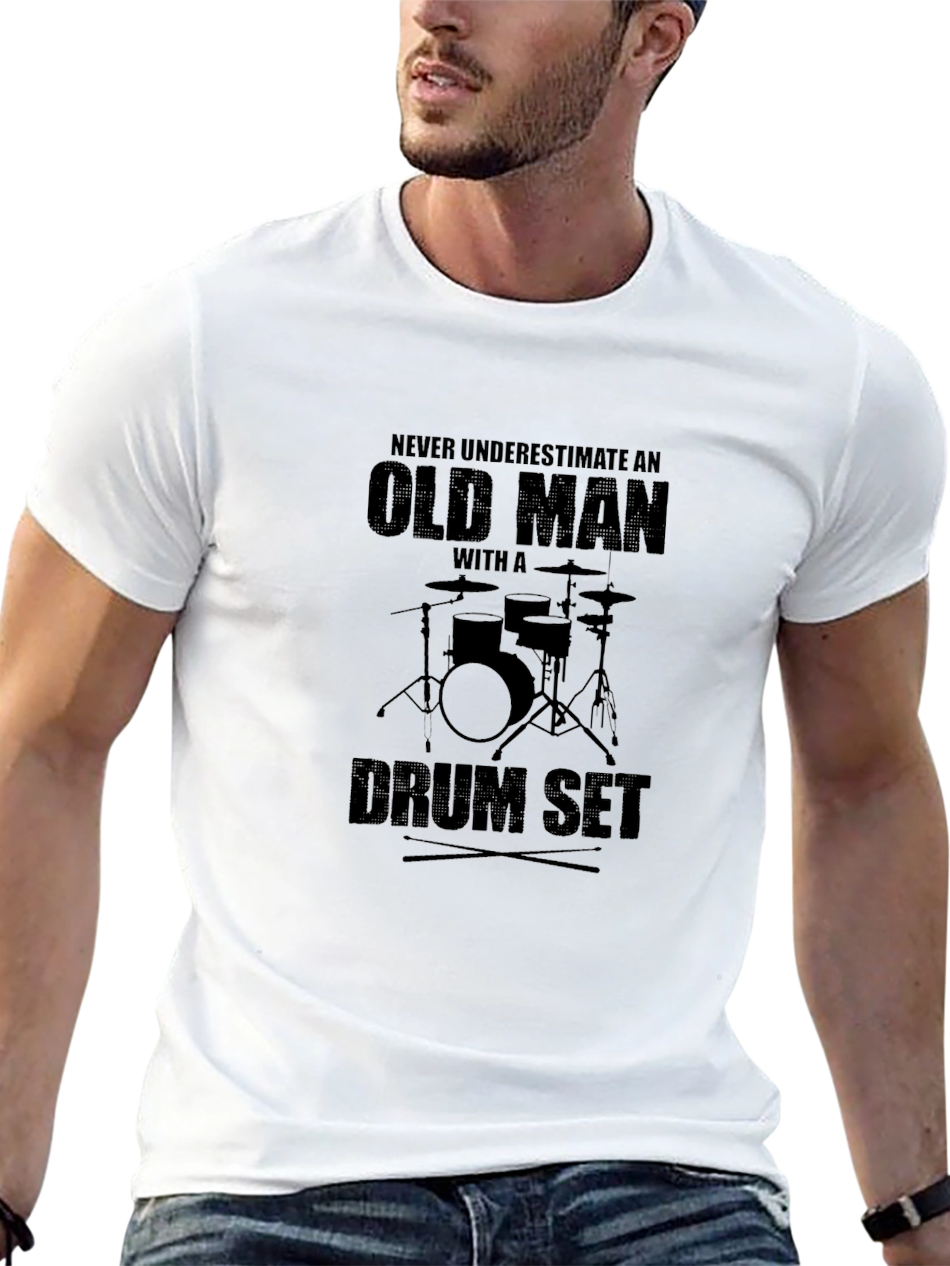Old Man Drum Set Black T-Shirt