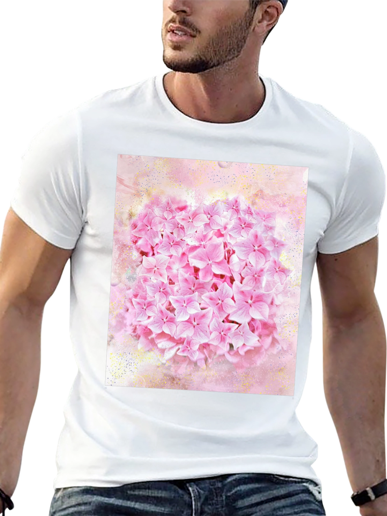 Pink Floral Print Black T-Shirt