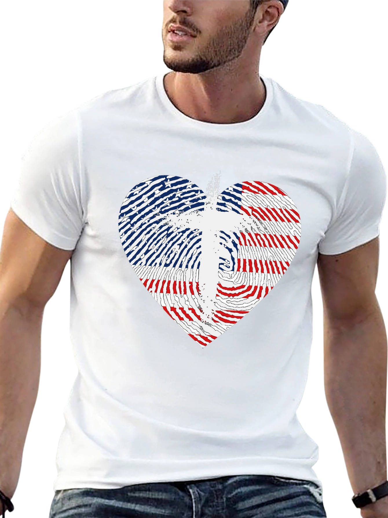 USA Flag Heart & Cross Graphic Black T-Shirt