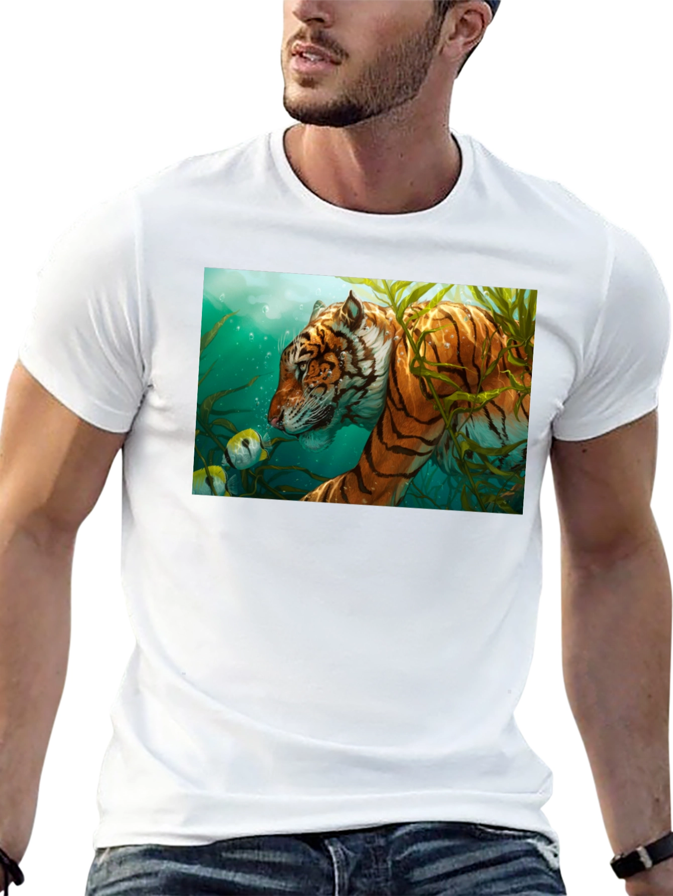 Underwater Tiger Graphic Tee - Black Cotton T-Shirt