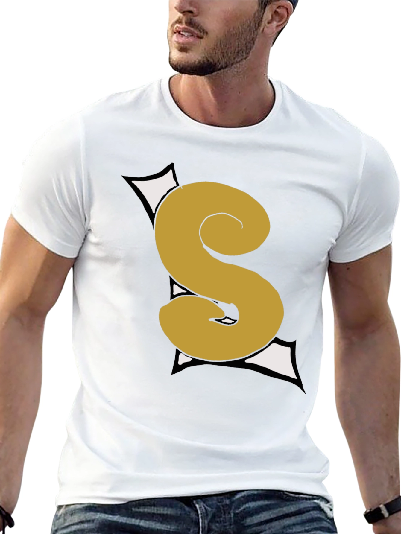 Graphic Black T-Shirt with Gold S Letter
