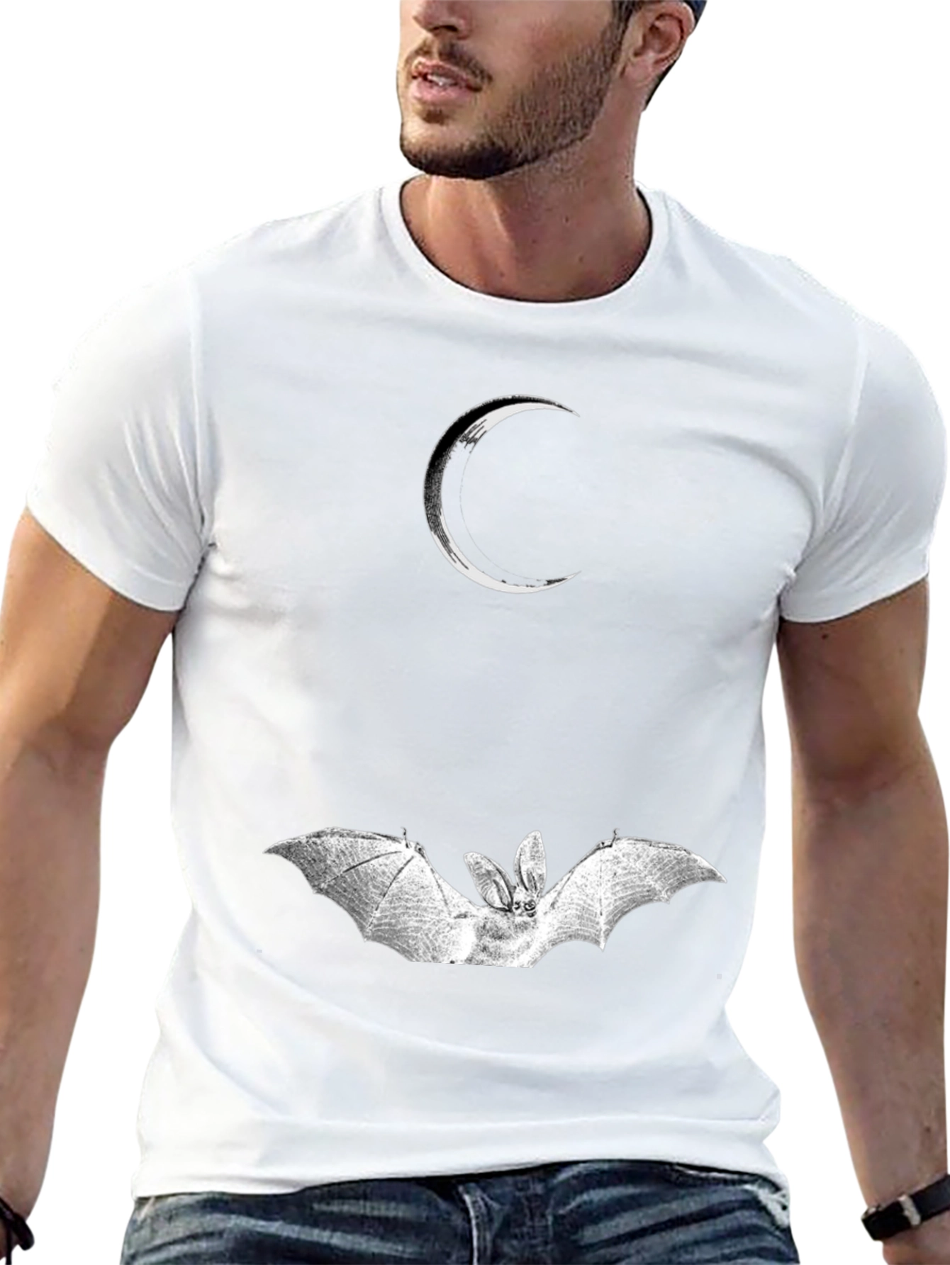 Crescent Moon and Bat Graphic Black T-Shirt