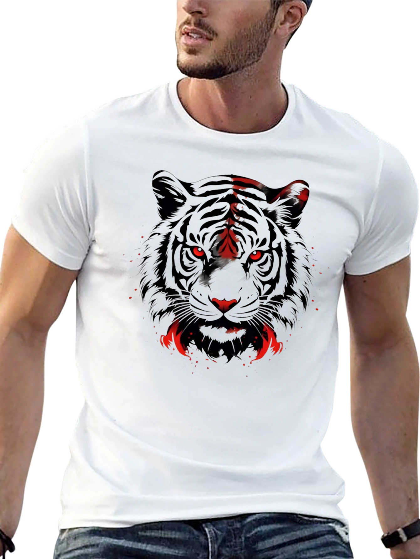 Mens Black Tiger Graphic Tee - Red Eyes