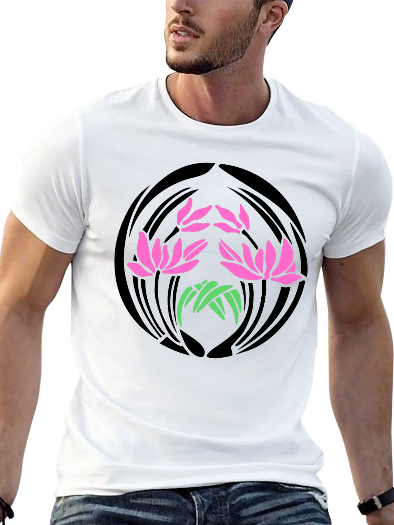 Floral Lotus Graphic Print Black T-Shirt