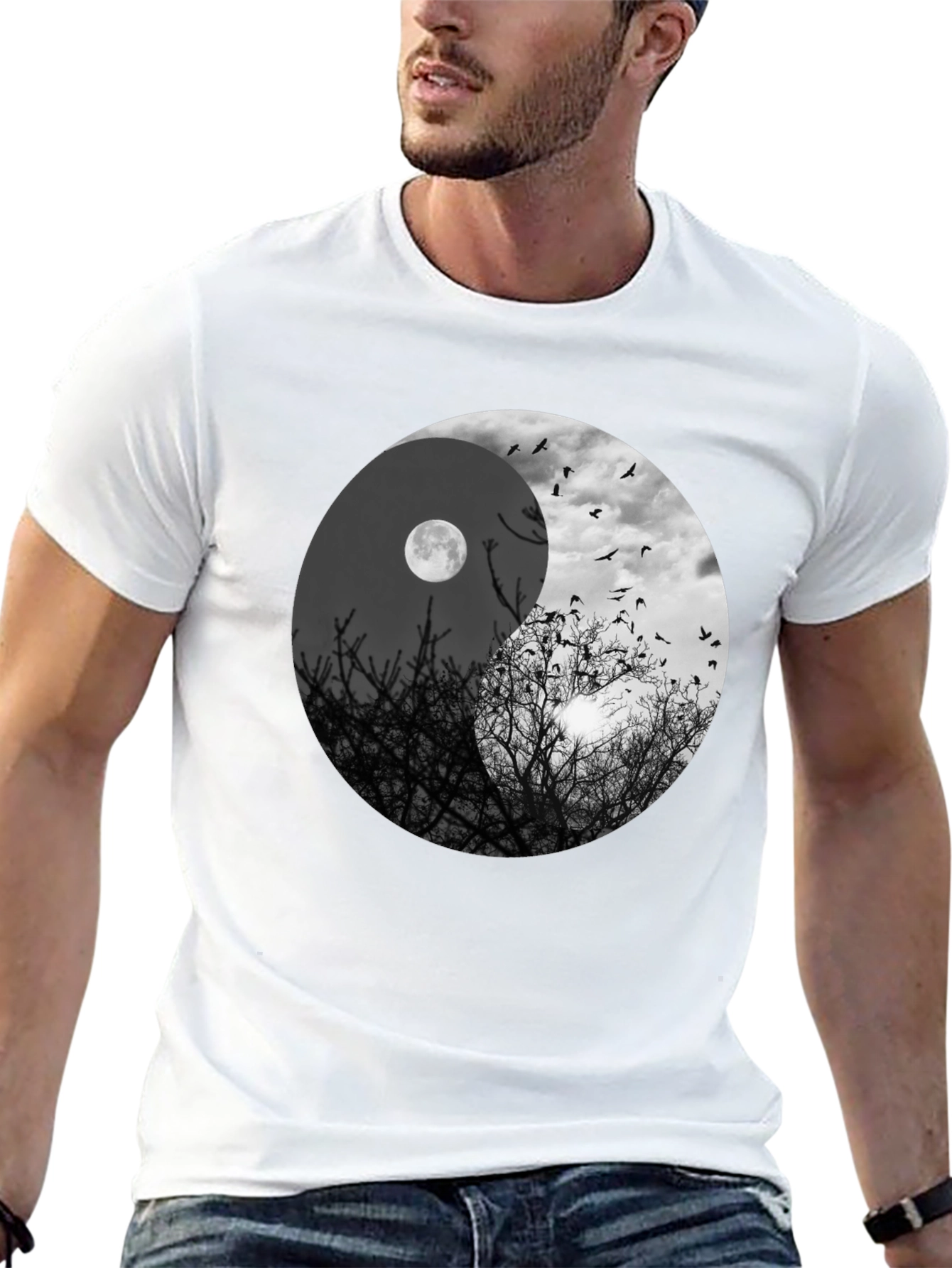 Yin Yang Moon & Birds Graphic T-Shirt
