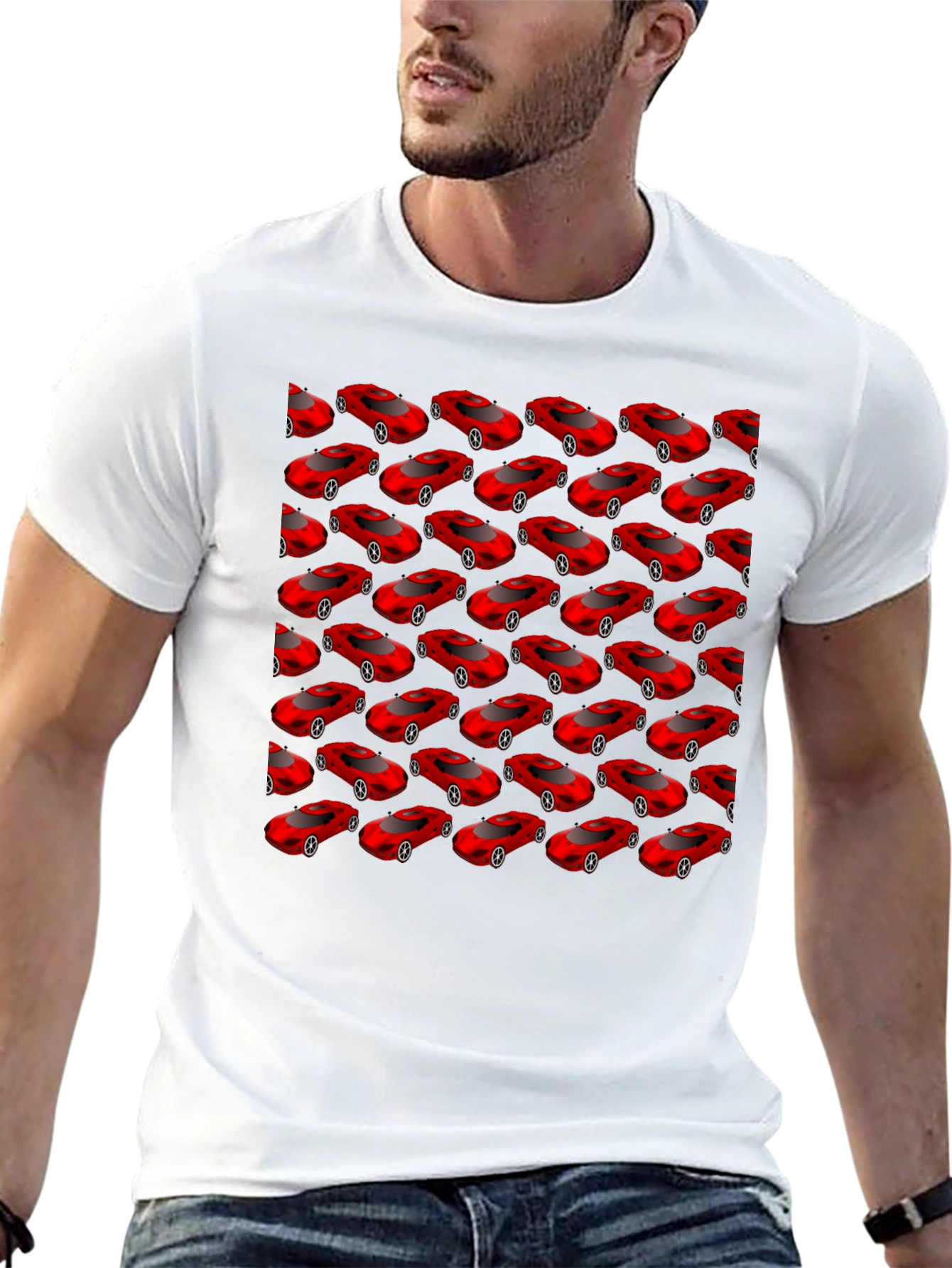 Mens Black T-Shirt with Red Car Pattern