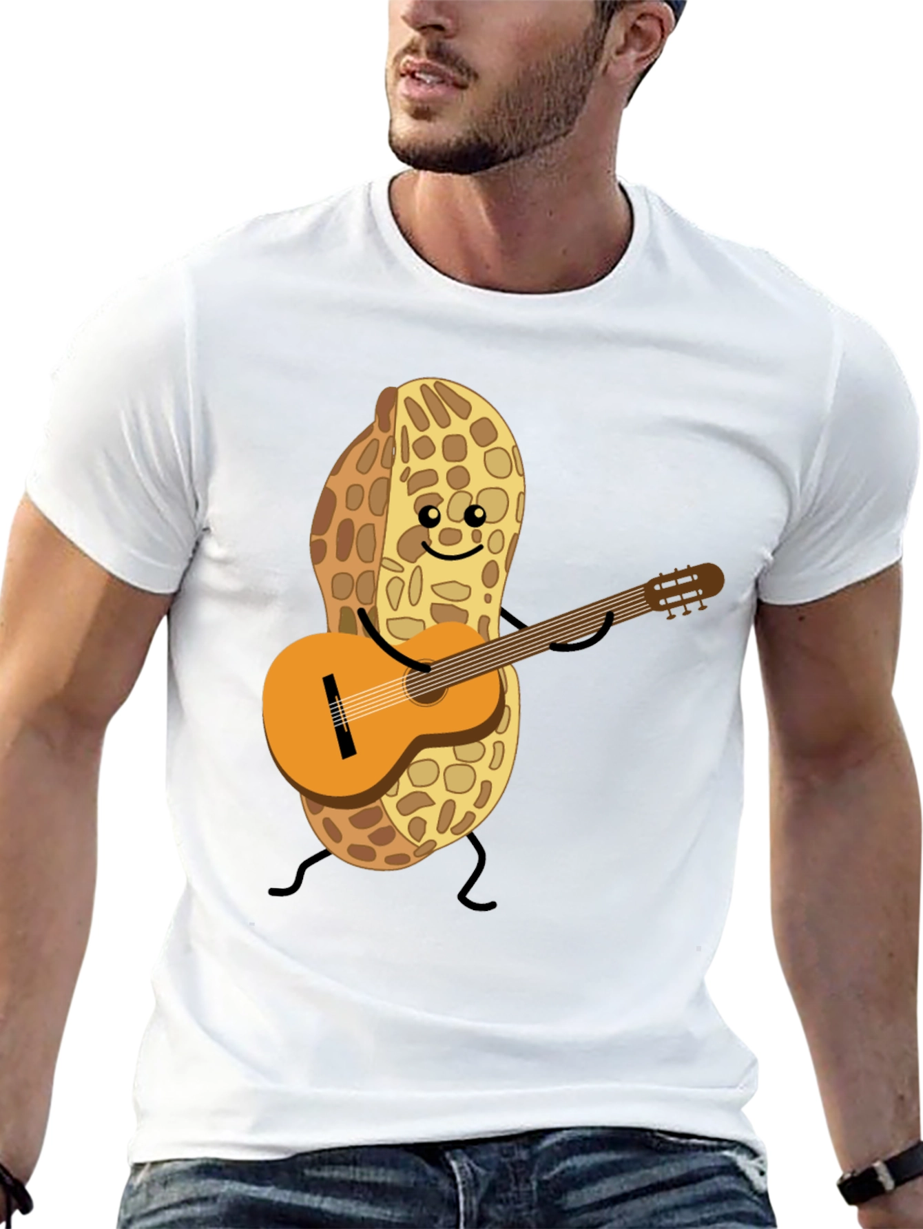Playful Peanut Guitarist Graphic Tee - Black Cotton Shirt