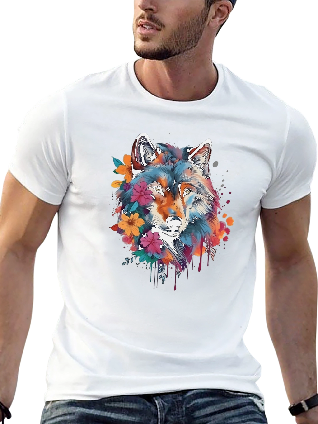 Floral Wolf Graphic Black T-Shirt