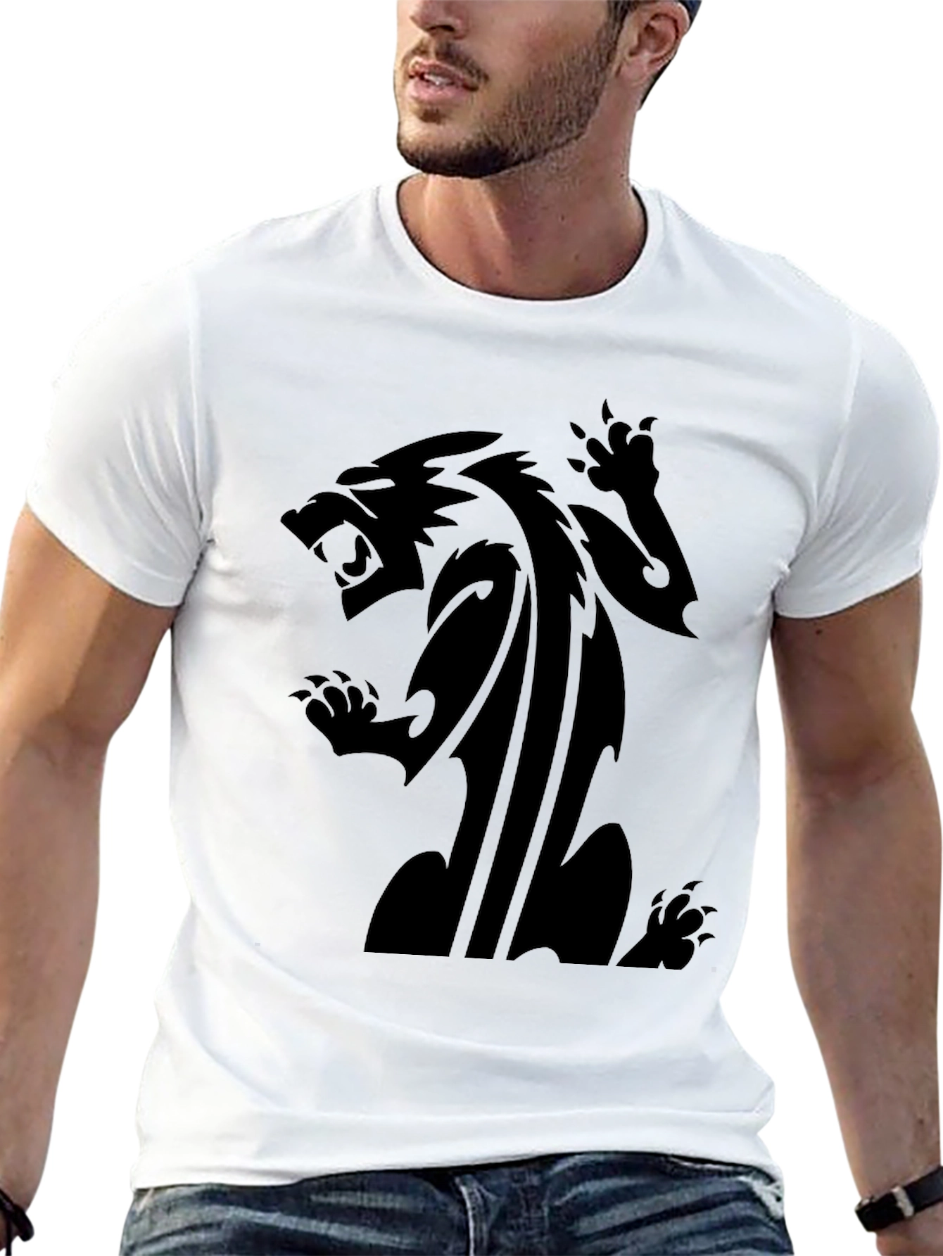 Mens Black T-Shirt with Fierce Animal Graphic