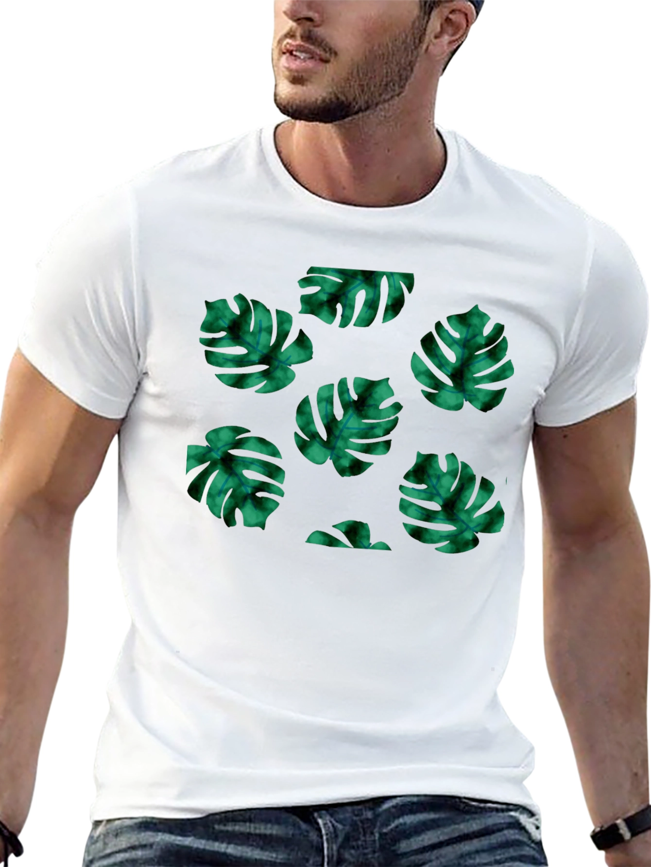 Tropical Leaf Pattern Black T-Shirt