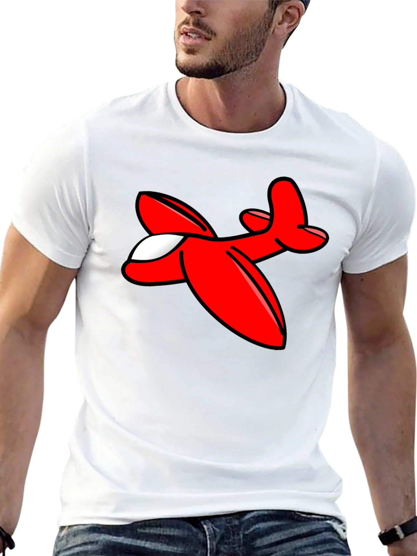 Cartoon Airplane Graphic Tee - Black Cotton T-Shirt