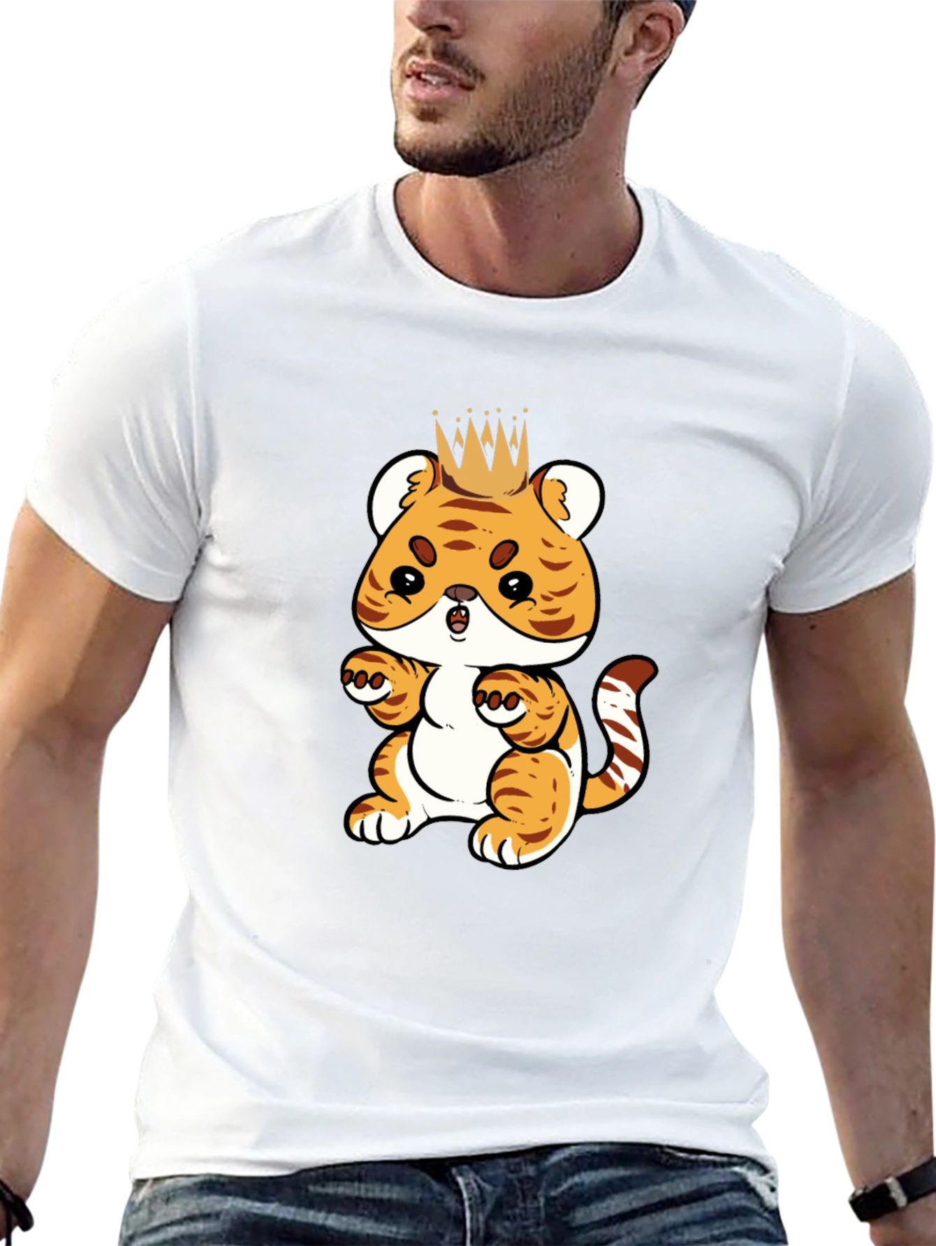 Cute Cartoon Tiger King Black T-Shirt