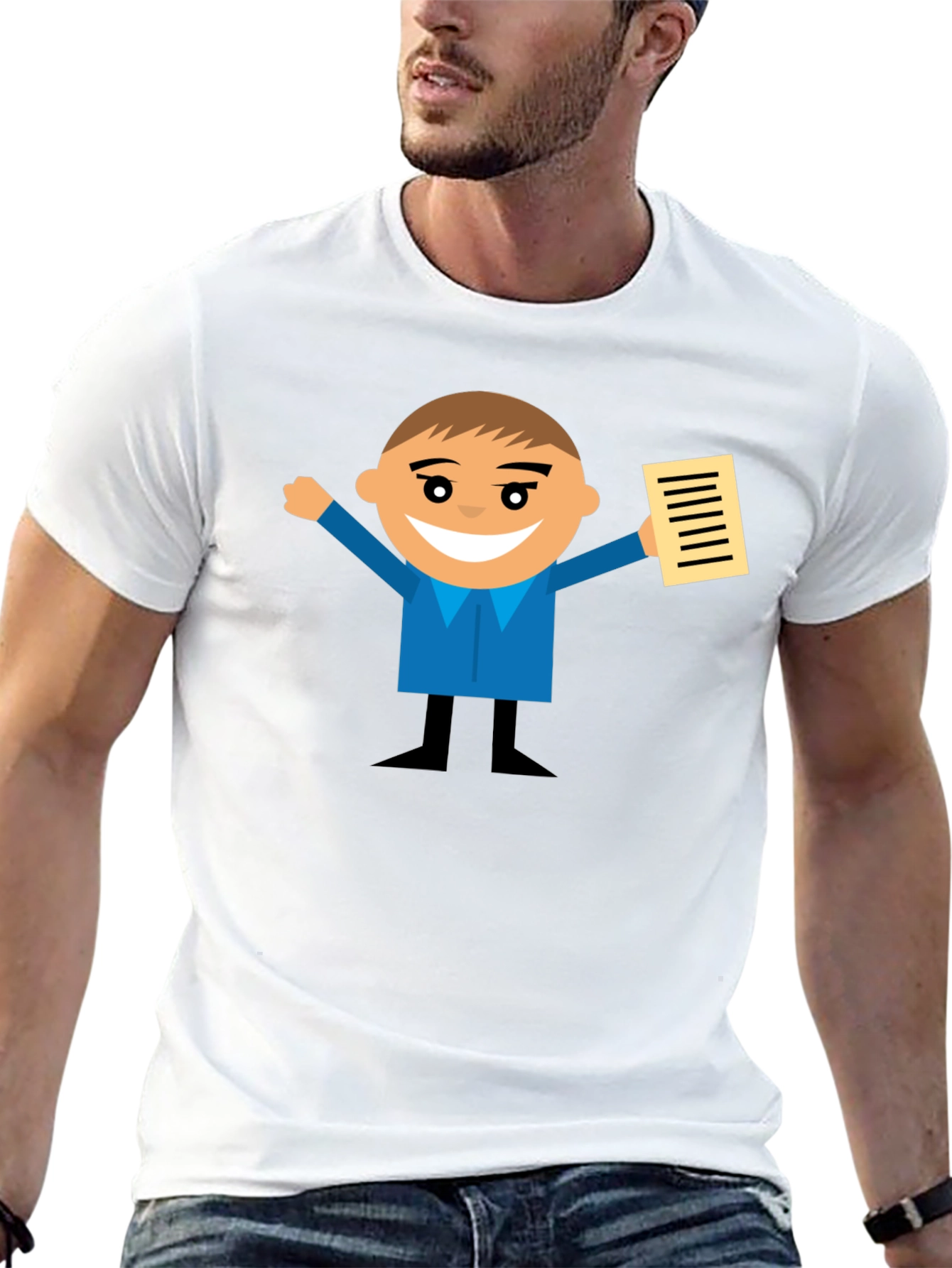 Cartoon Man Holding Document Black T-Shirt